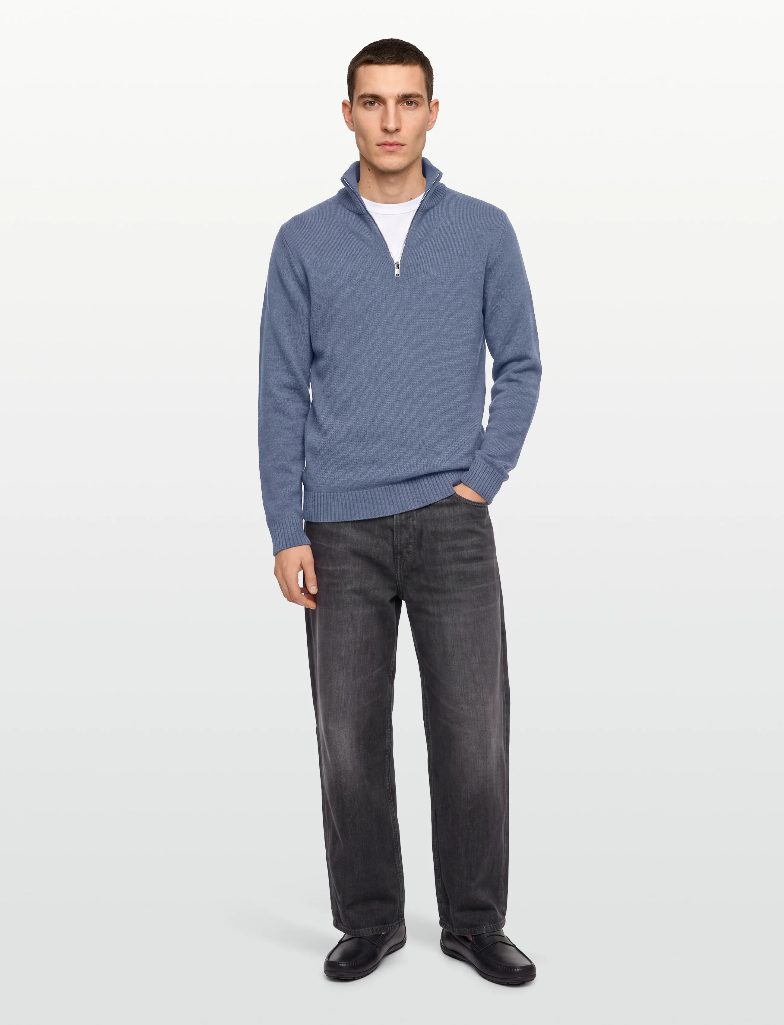 Lindbergh - Lambswool half zip knit oversize collar - mænd - blue ice mel - 0