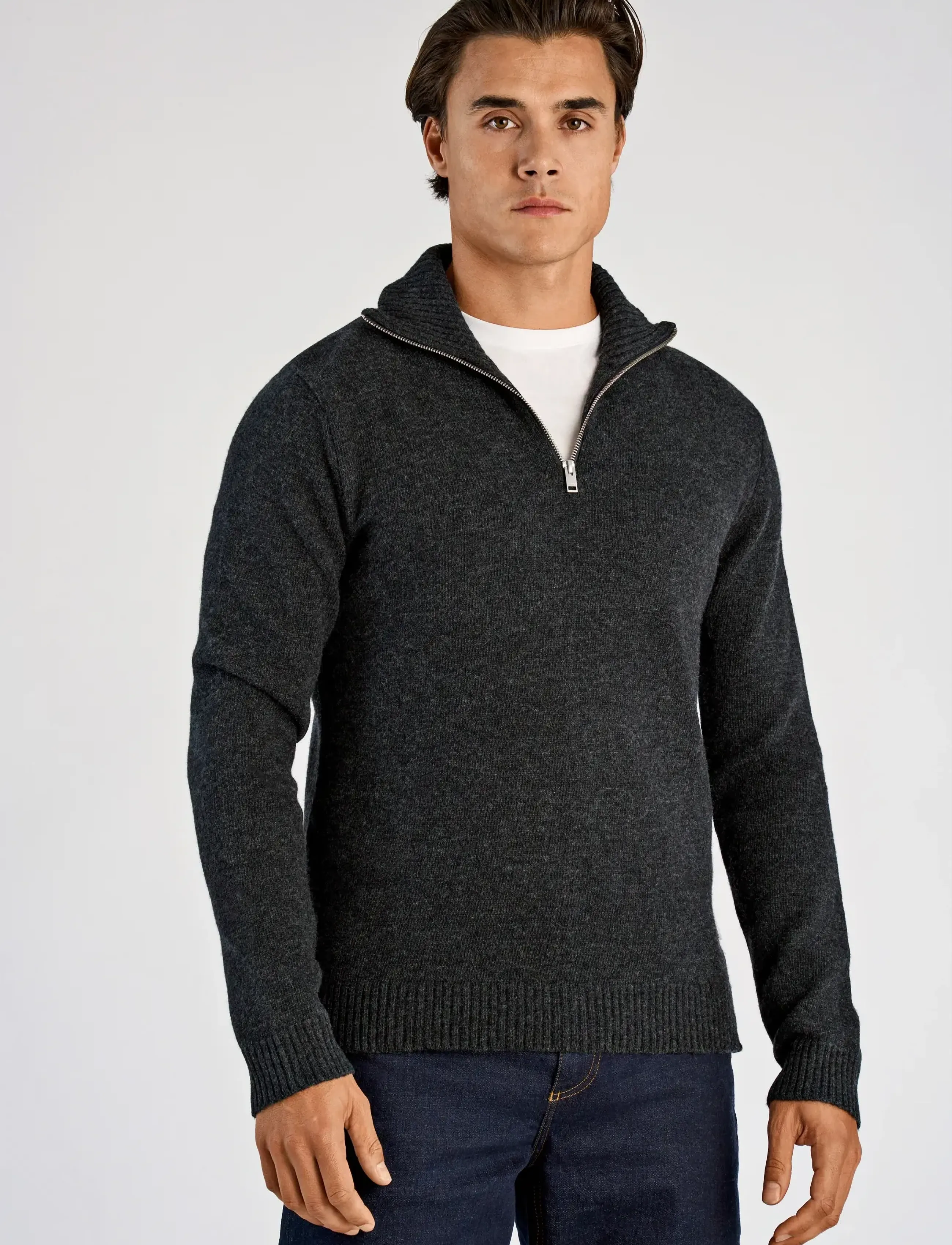 Lindbergh - Lambswool half zip knit oversize collar - halfzip strik - charcoal mel - 0