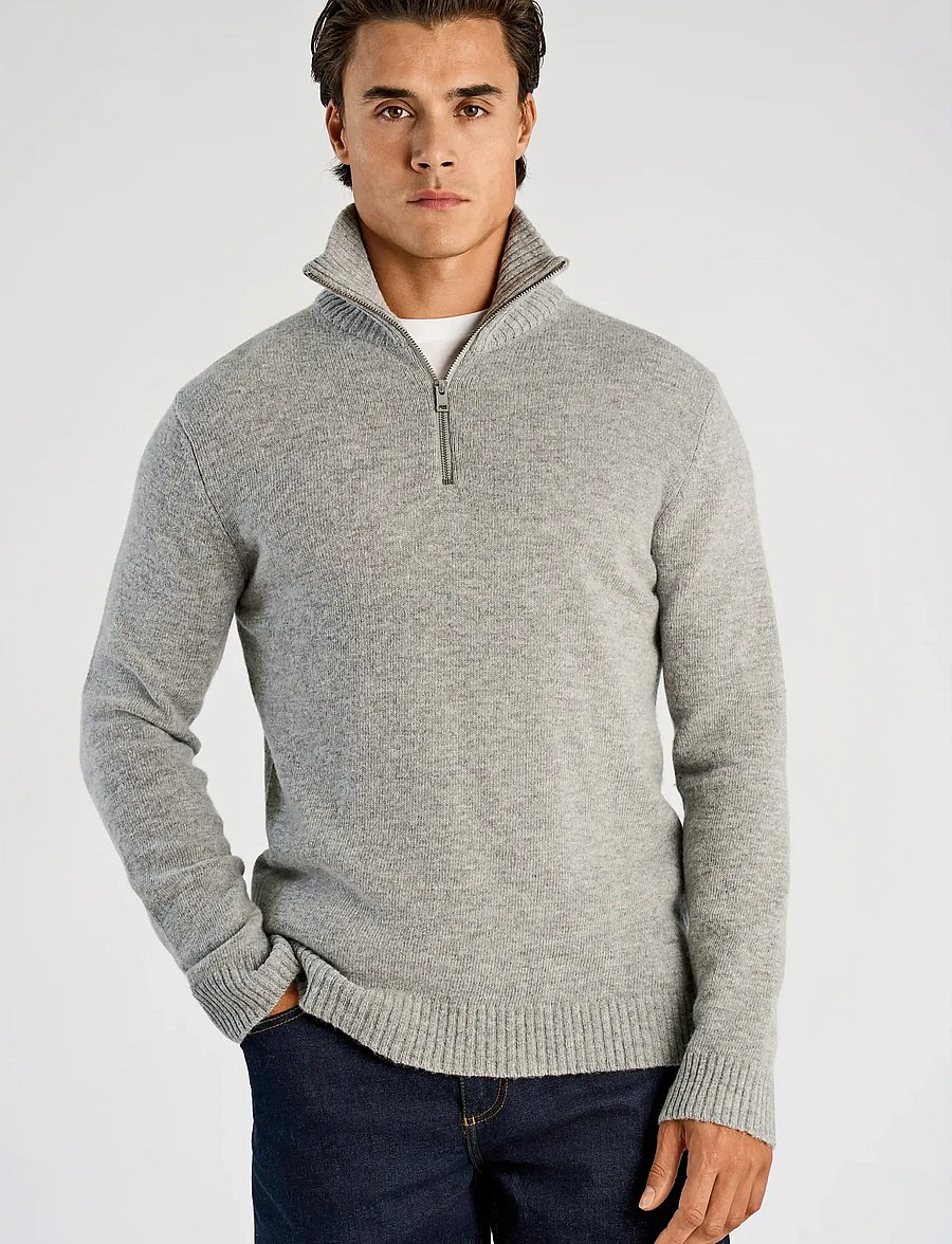Lindbergh - Lambswool half zip knit oversize collar - halfzip strik - mid grey mel - 0
