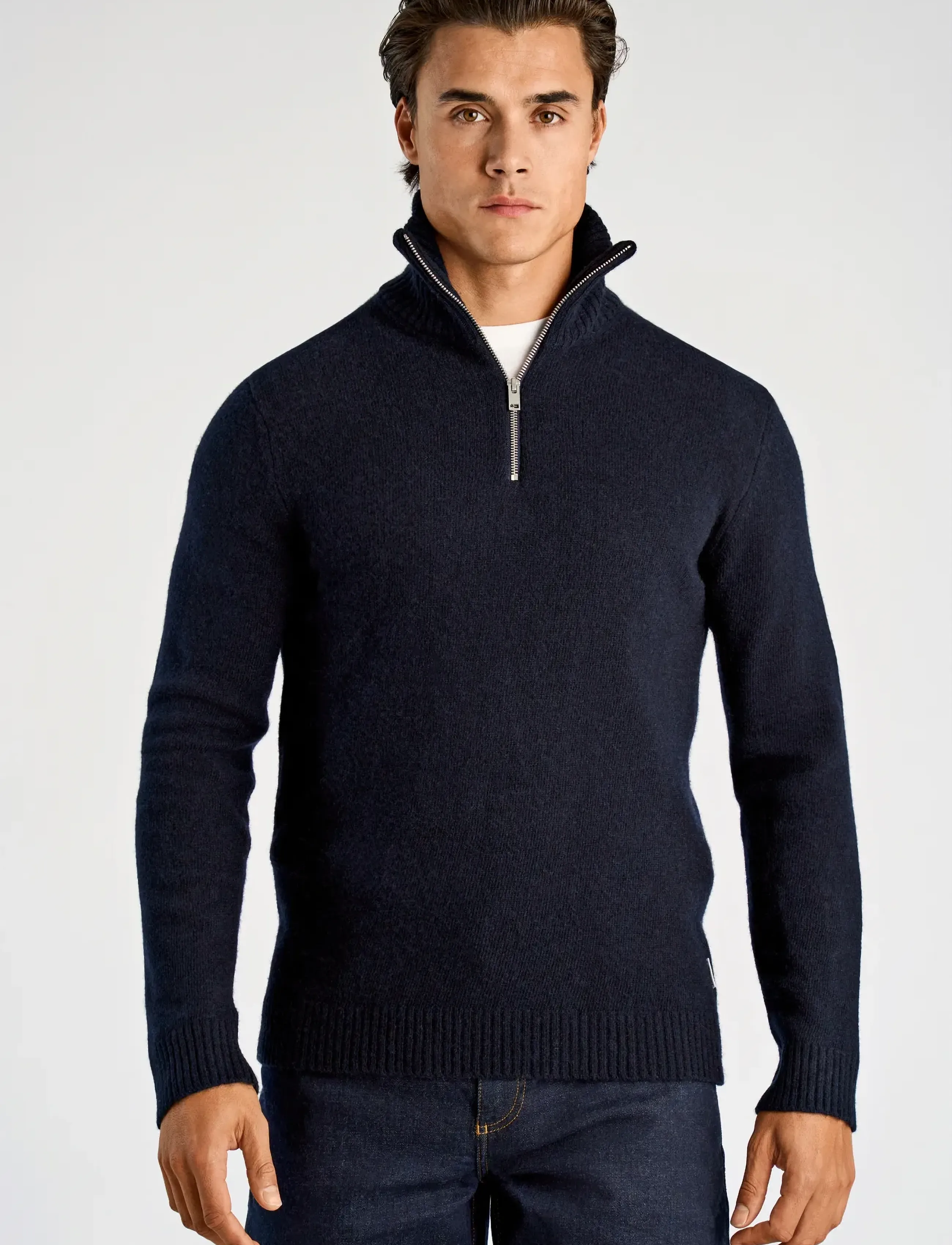 Lindbergh Lambswool Half Zip Knit Oversize Collar, Mænd, Halv Lynlås Striktrøje, Navy, Str: M