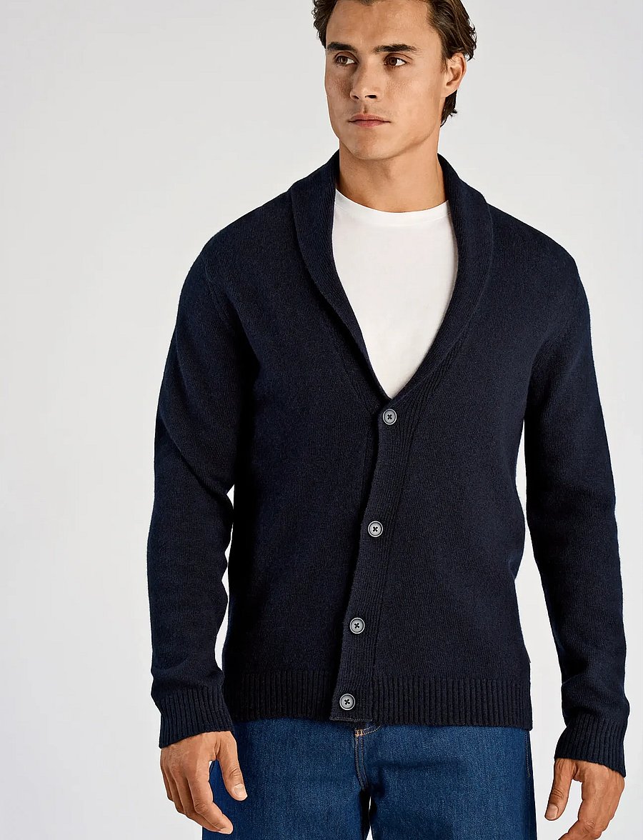 Lindbergh - Lambswool shawlcollar cardigan - gilets - navy - 0