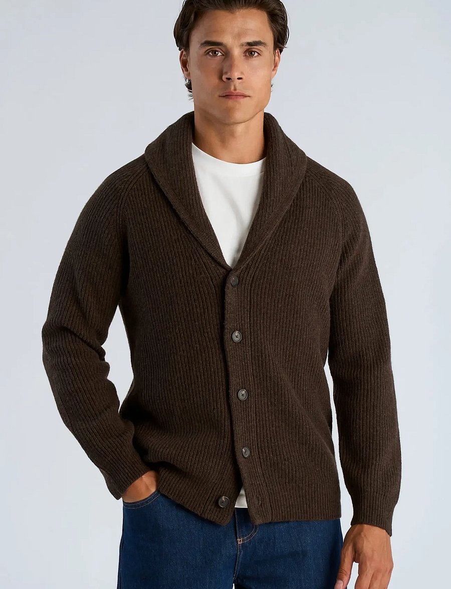 Lindbergh - Lambswool shawlcollar cardigan - kardiganid - dk brown mel - 3