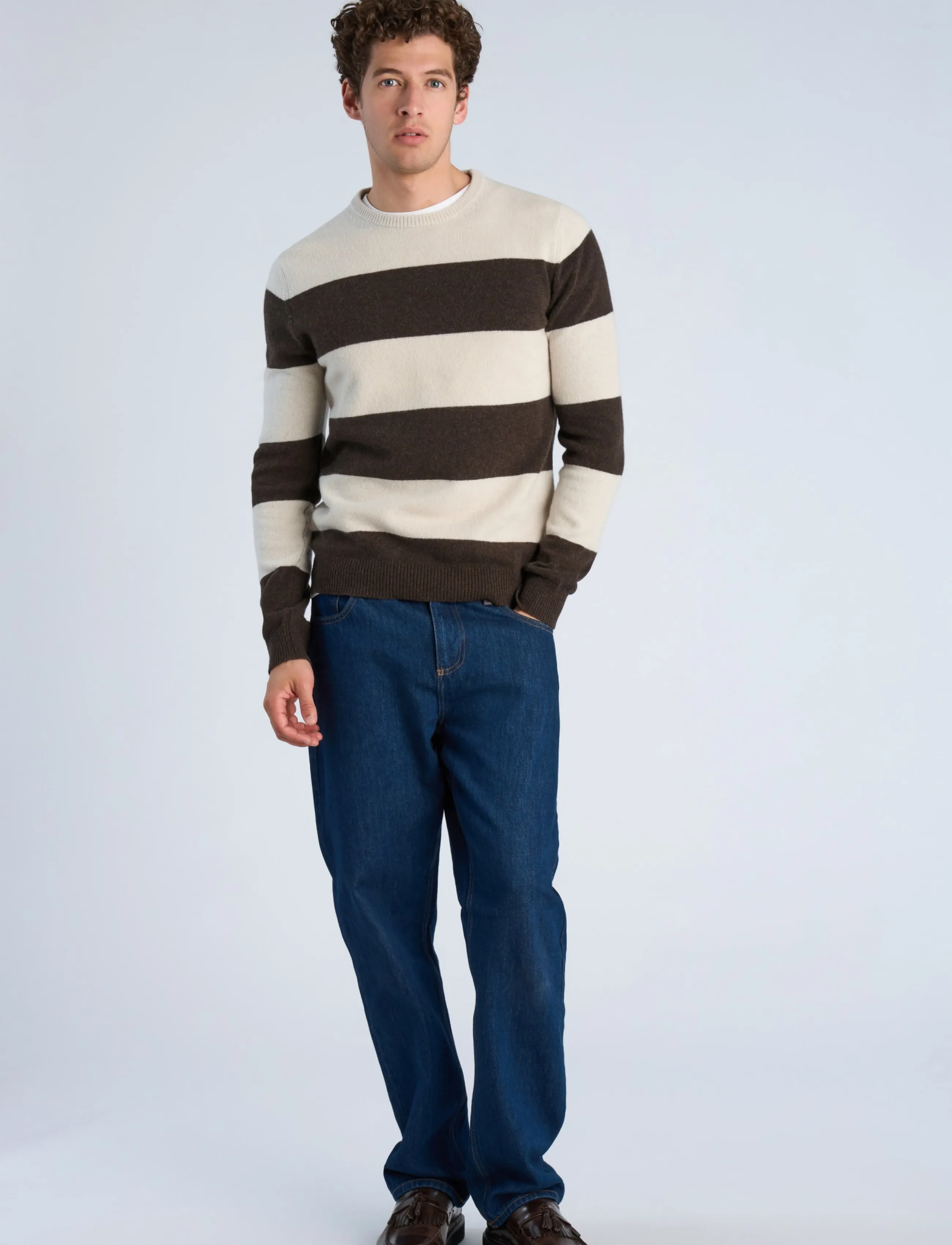 Lindbergh - Lambswool striped o-neck knit - round necks - dk brown mel - 0