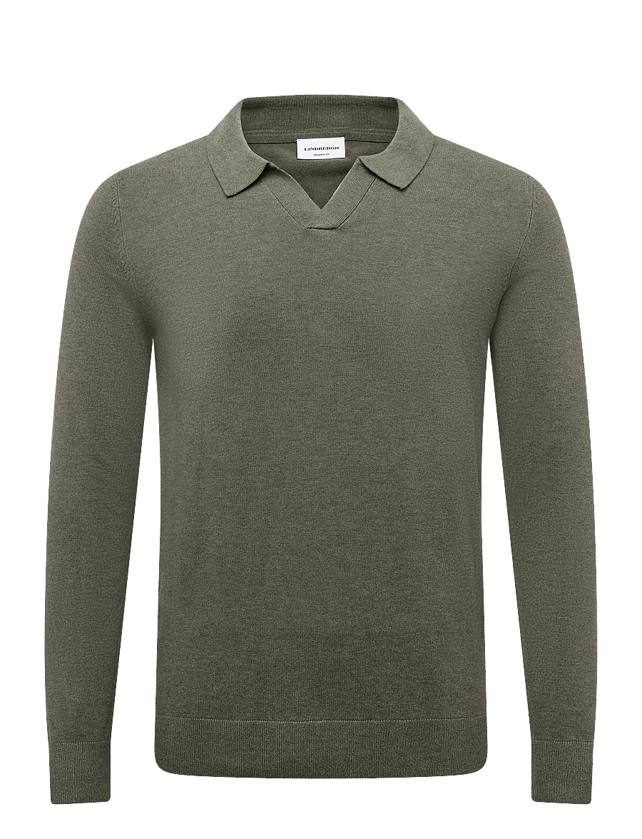 Lindbergh - Soft viscose blend v-neck polo - long-sleeved knitted polos - army mel - 0