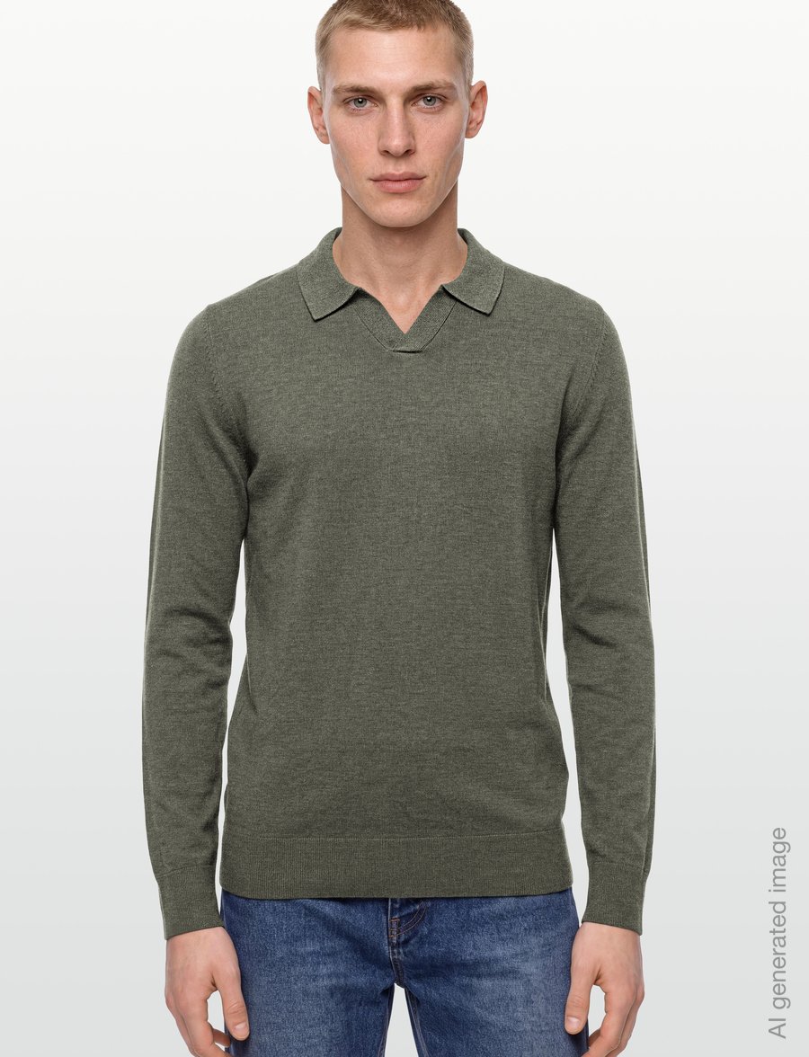 Lindbergh - Soft viscose blend v-neck polo - långärmade stickade pikétröjor - army mel - 3