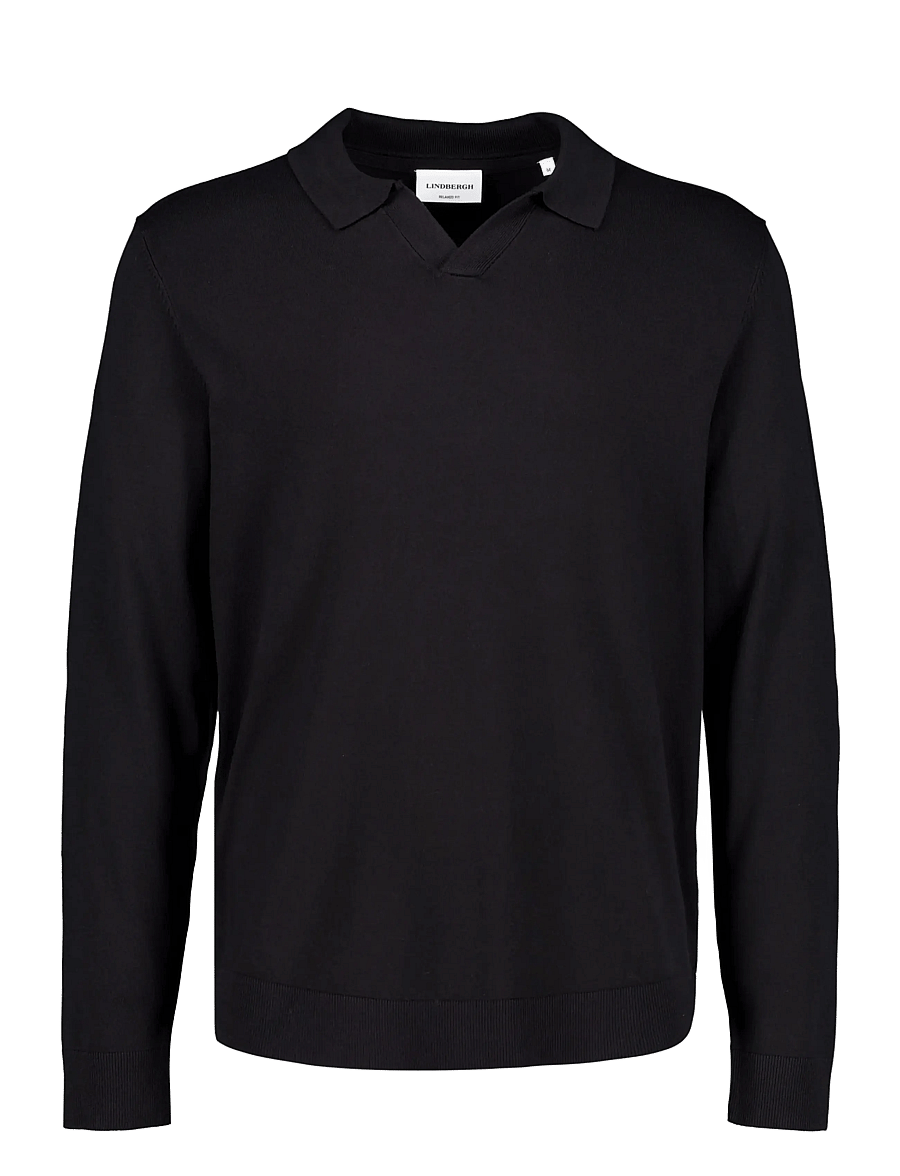 Lindbergh - Soft viscose blend v-neck polo - long-sleeved knitted polos - black - 0