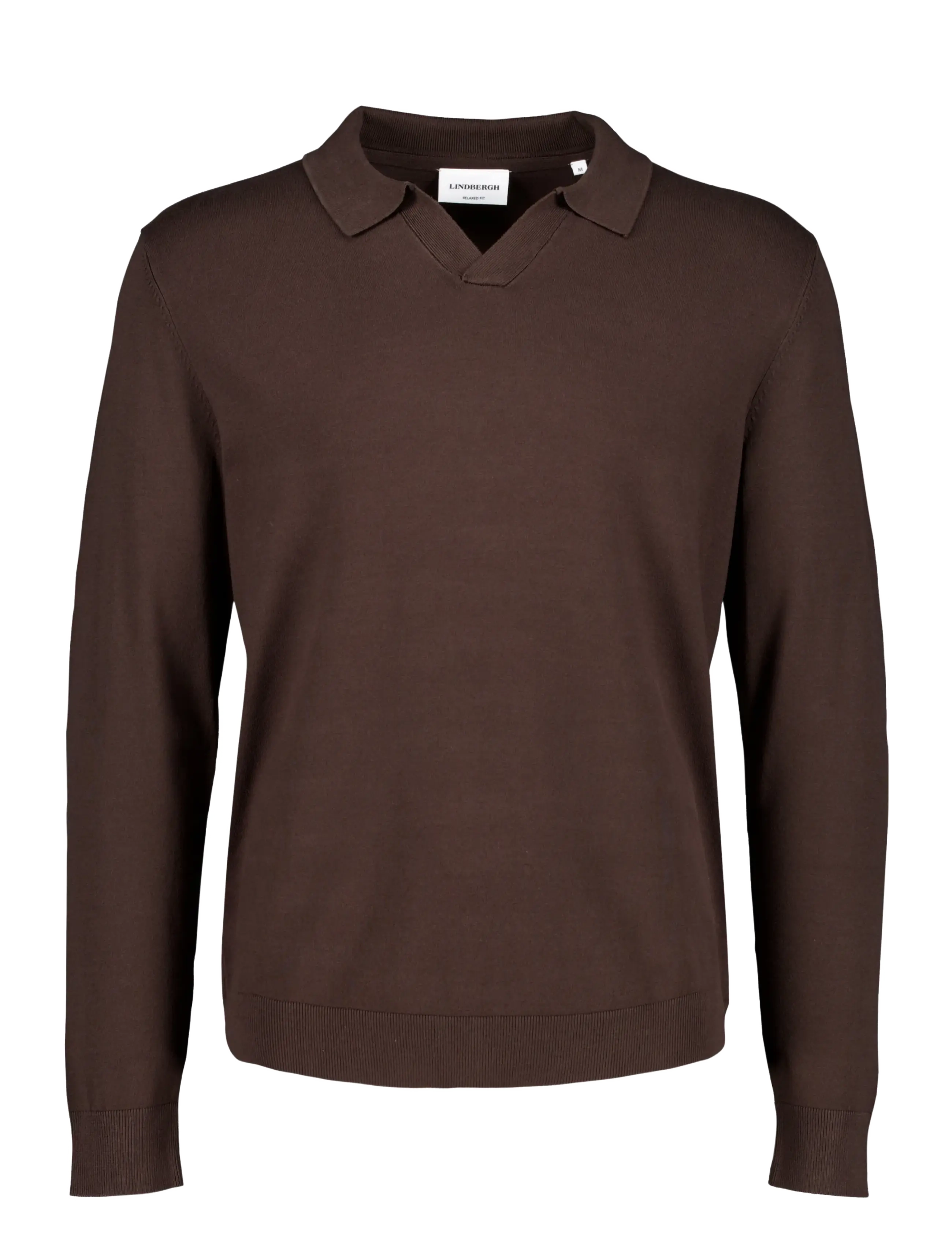 Lindbergh Soft viscose blend v-neck polo - Langärmelige Strick-Polohemden - DK BROWN / brown