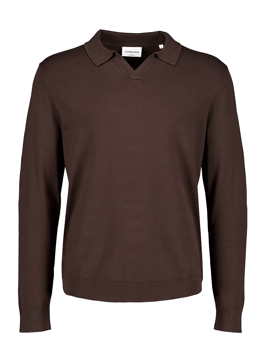 Lindbergh - Soft viscose blend v-neck polo - long-sleeved knitted polos - dk brown - 0