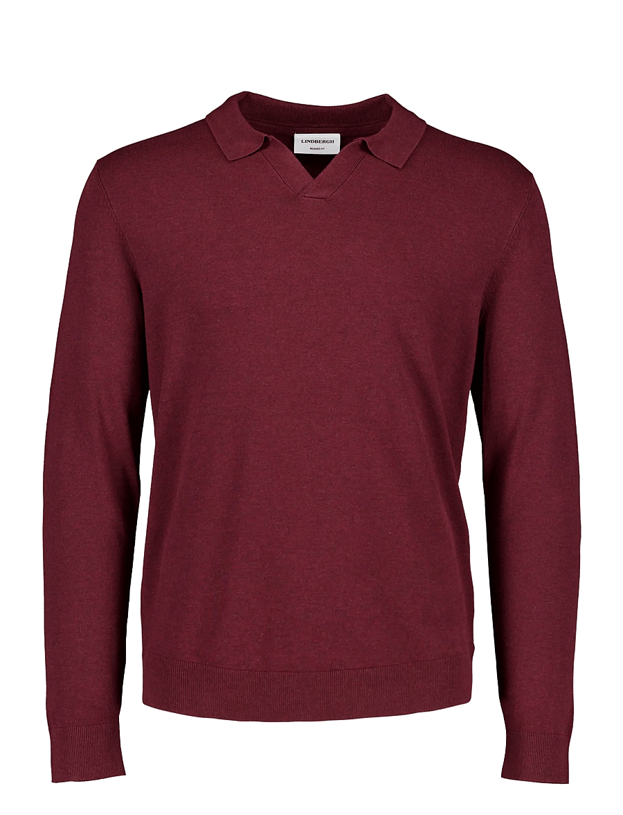 Lindbergh - Soft viscose blend v-neck polo - long-sleeved knitted polos - dk cherry mel - 0
