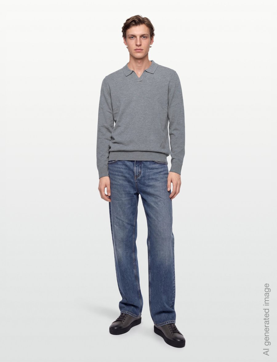 Lindbergh - Soft viscose blend v-neck polo - long-sleeved polos - grey mel - 0