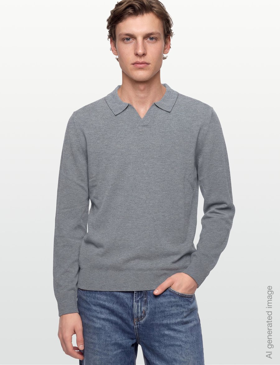 Lindbergh - Soft viscose blend v-neck polo - long-sleeved polos - grey mel - 3