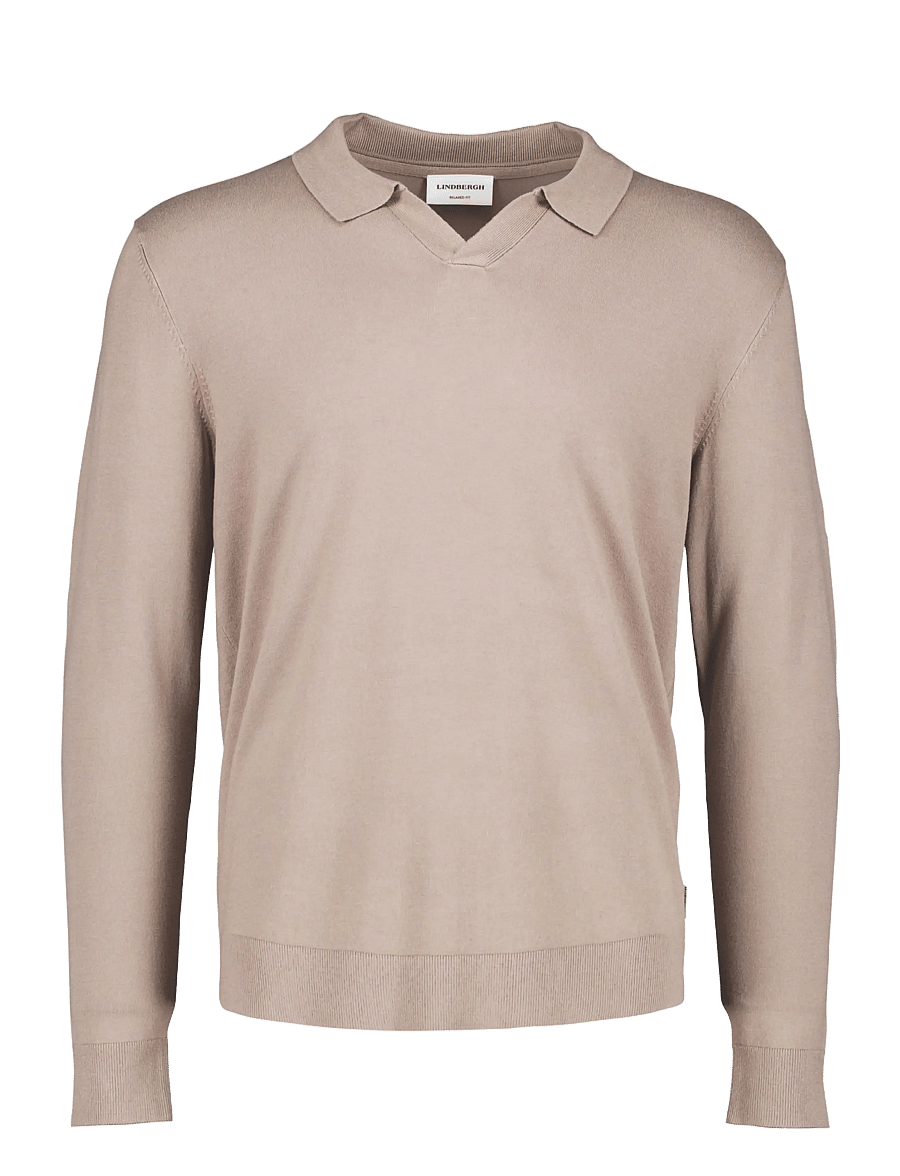 Lindbergh - Soft viscose blend v-neck polo - long-sleeved knitted polos - stone - 0