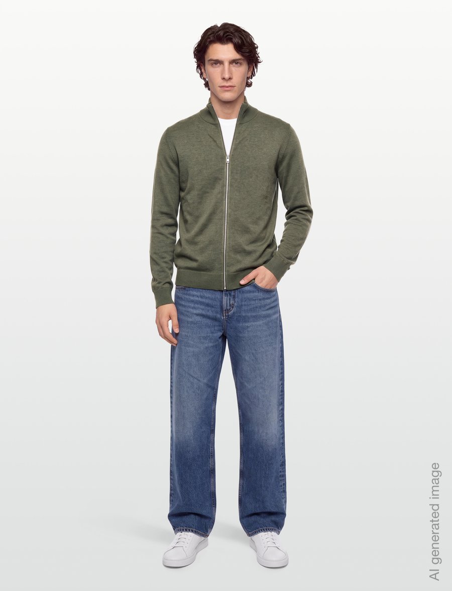 Lindbergh - Soft viscose blend zip through card - pullover mit durchgehendem reißverschluss - army mel - 0