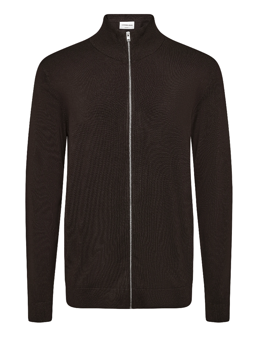 Lindbergh - Soft viscose blend zip through card - pullover mit durchgehendem reißverschluss - dk brown - 0