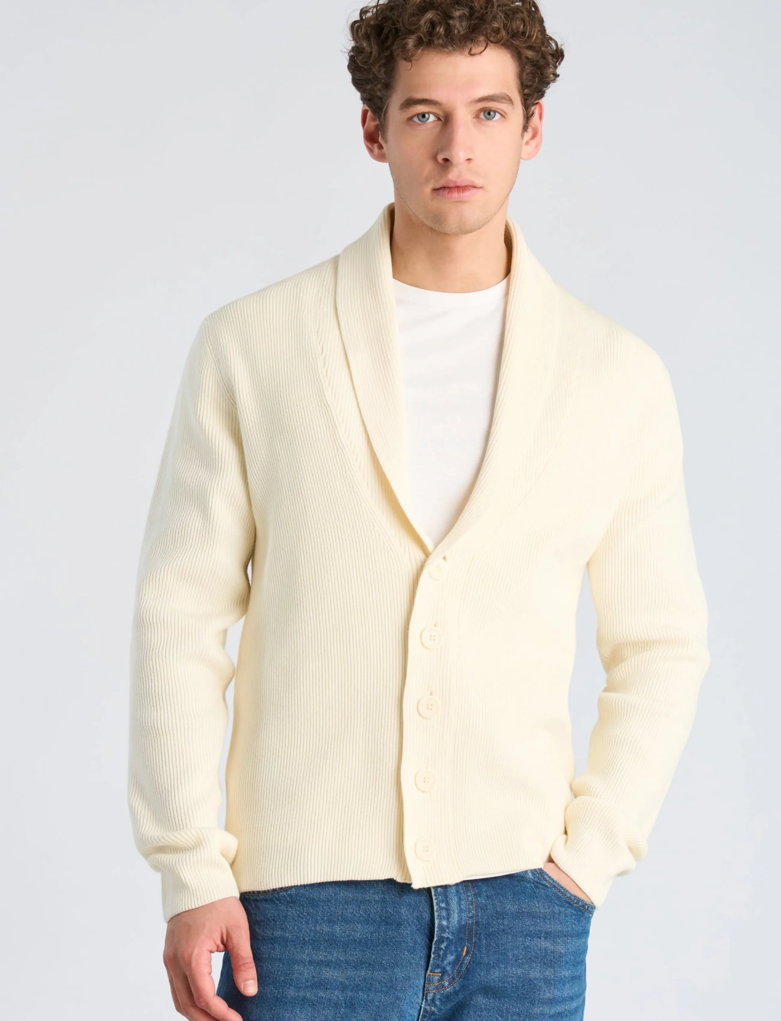 Lindbergh - Rib shawl collar cardigan - pearl white - 3