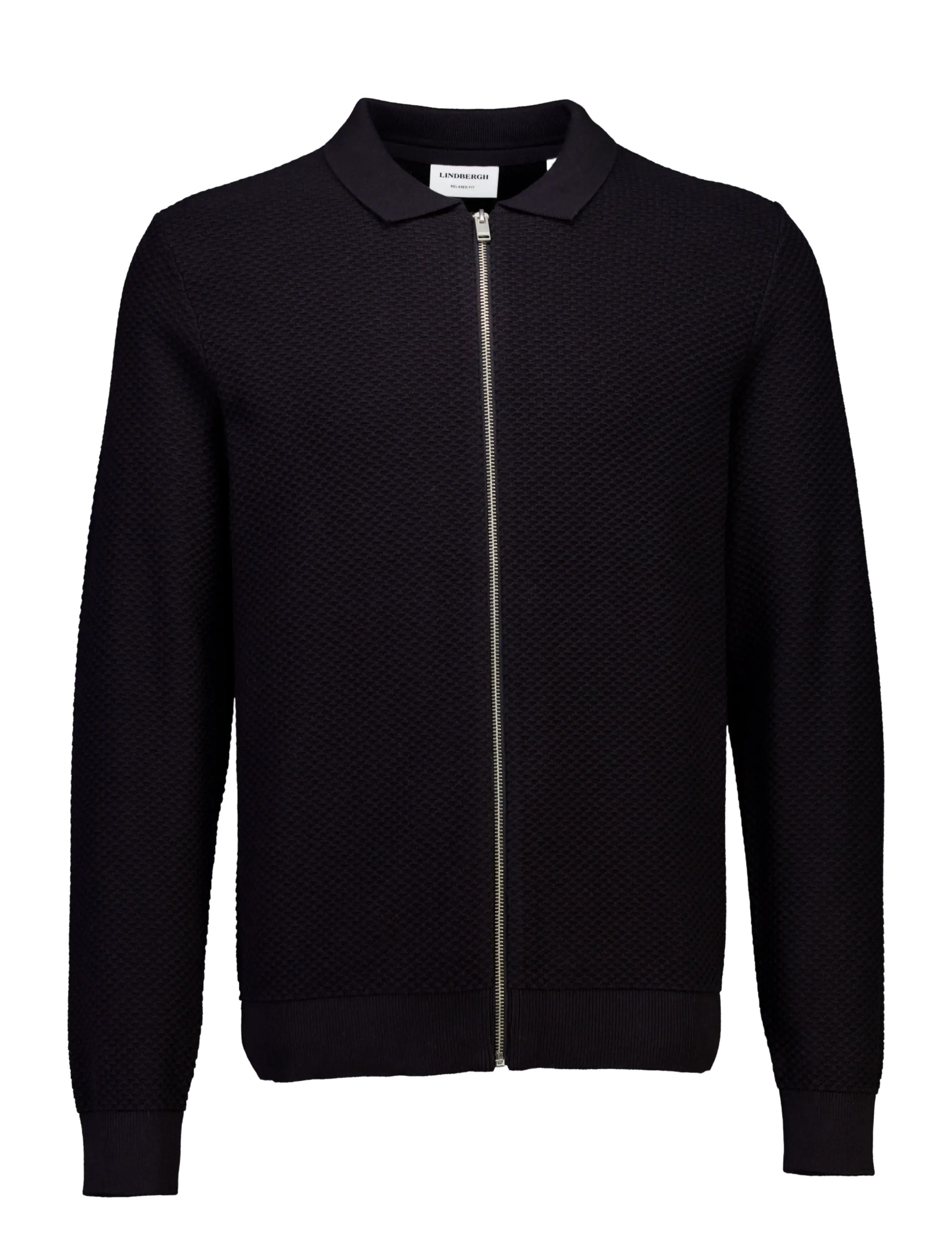 Lindbergh Structure L/S Polo Zip Cardigan, Mænd, Struktureret Polo Lynlås Cardigan, Sort, Str: XXL