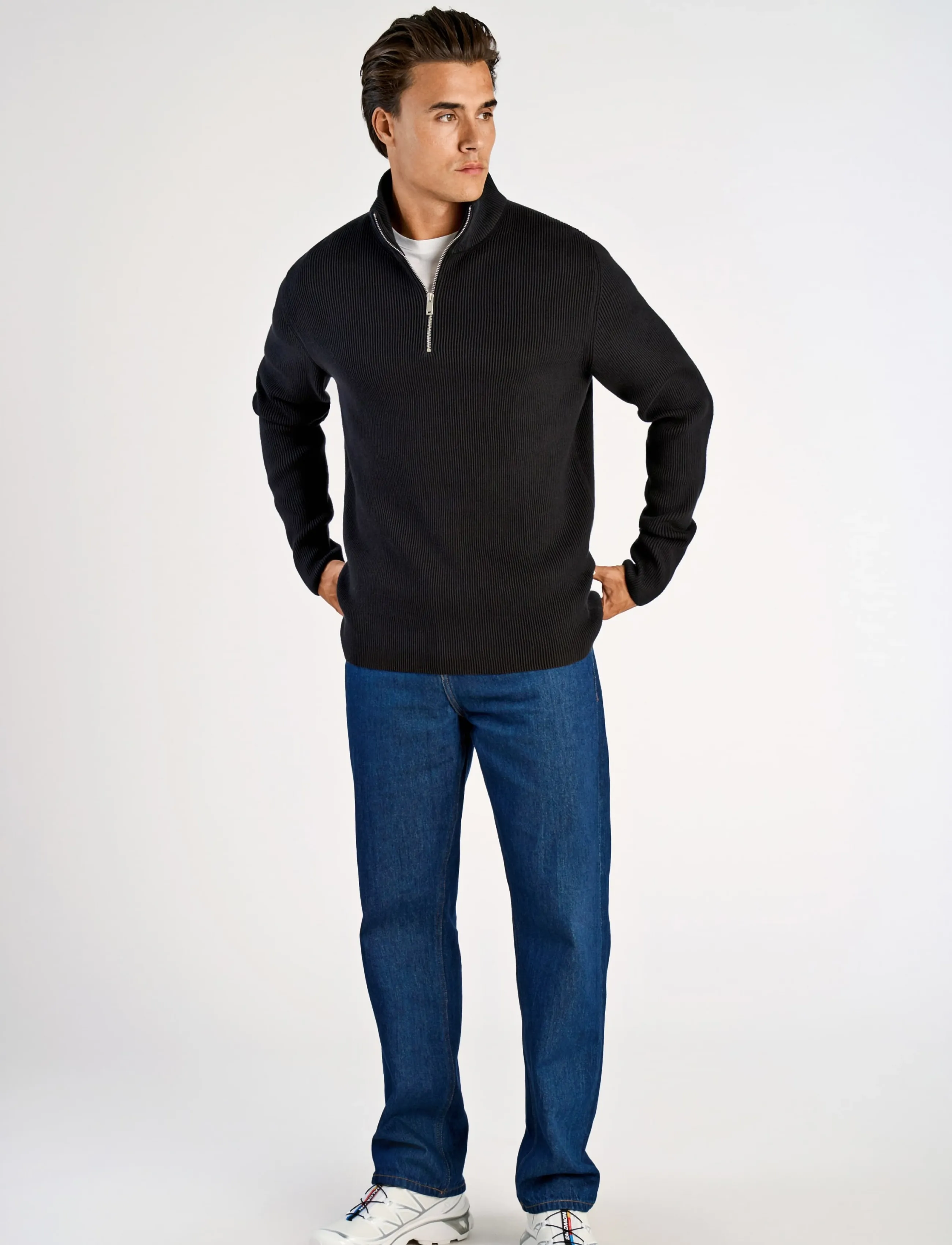 Lindbergh Half Zip Rib Knit, S, Black, Strik > Trøjer Med Halv Lynlås, Herre