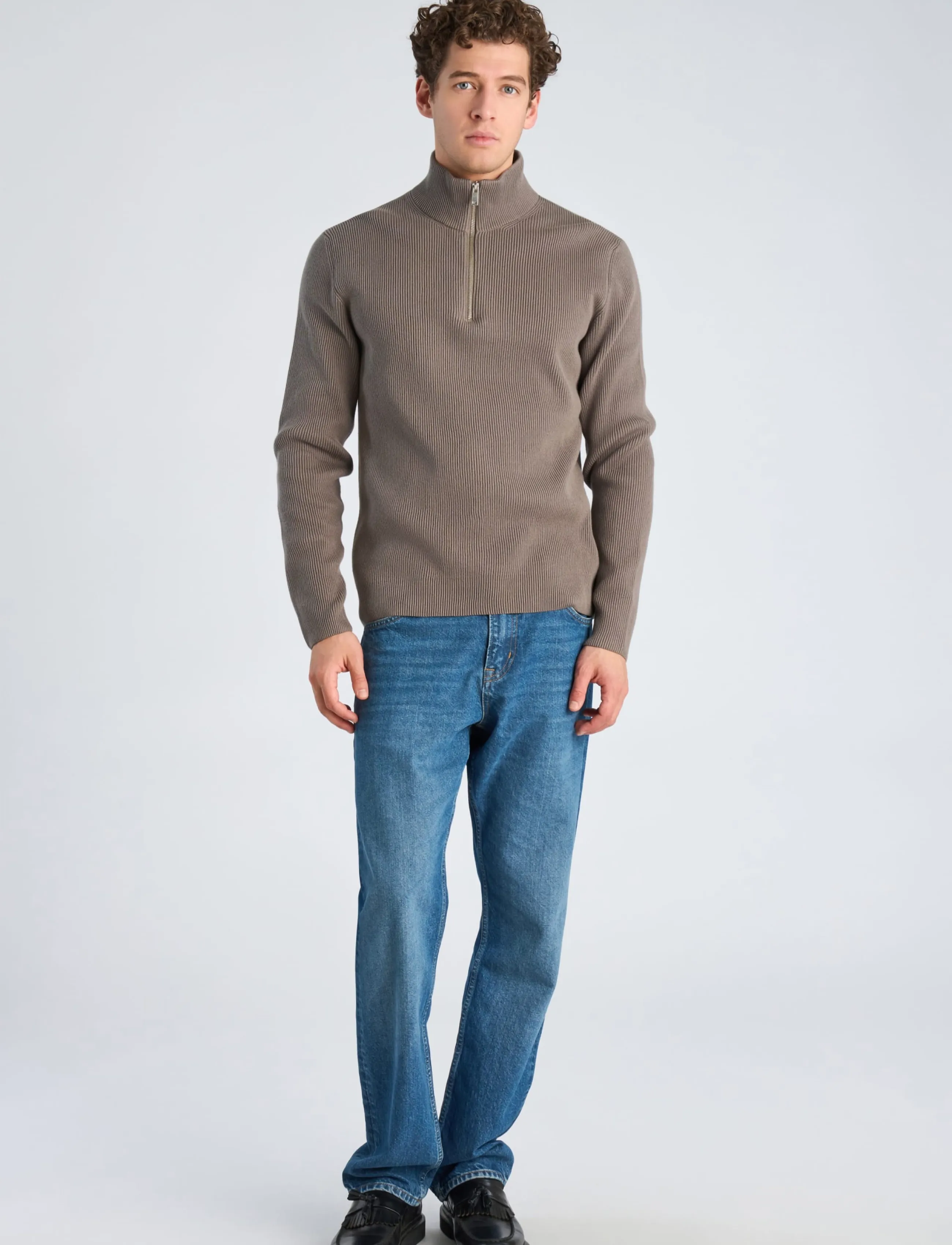 Lindbergh Half Zip Rib Knit, Mænd, Halv Lynlås Ribstrik Sweater, Grå, Str: XXL