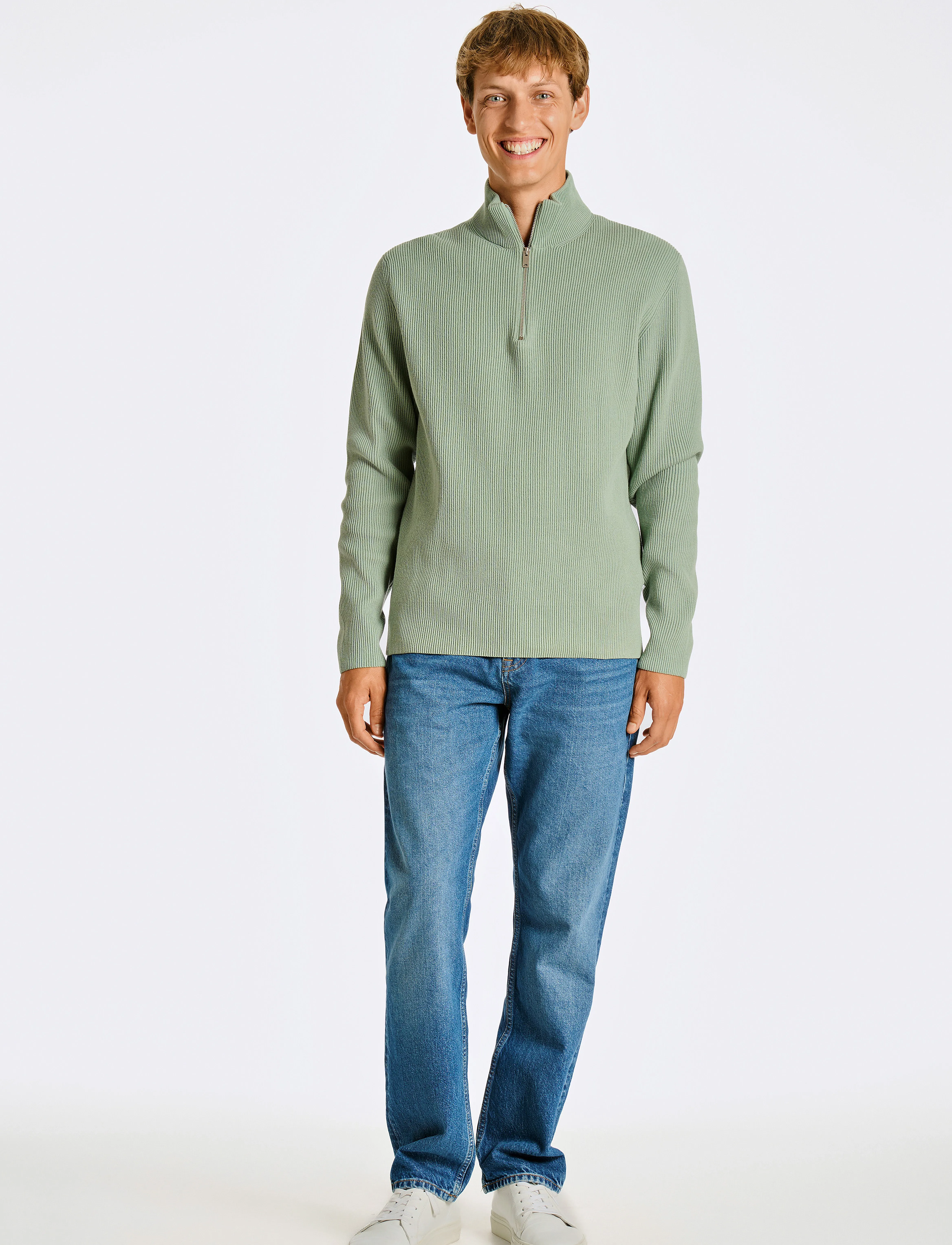 Lindbergh Half Zip Rib Knit, Mænd, Halv Lynlås Ribstrik Sweater, Grøn, Str: XXL