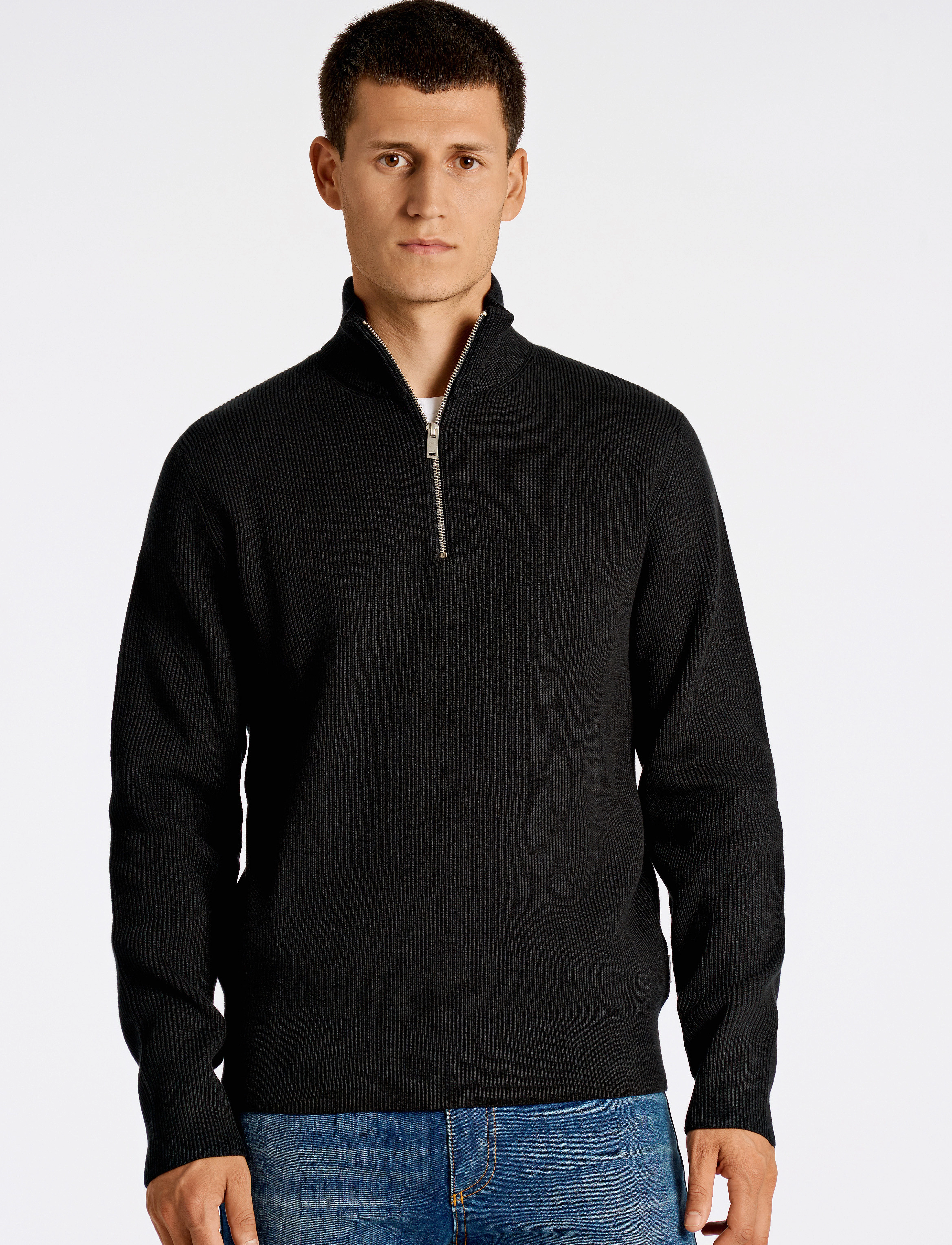 Lindbergh Half Zip Rib Knit, Mænd, Halv Lynlås Ribstrikket Trøje, Sort, Str: M