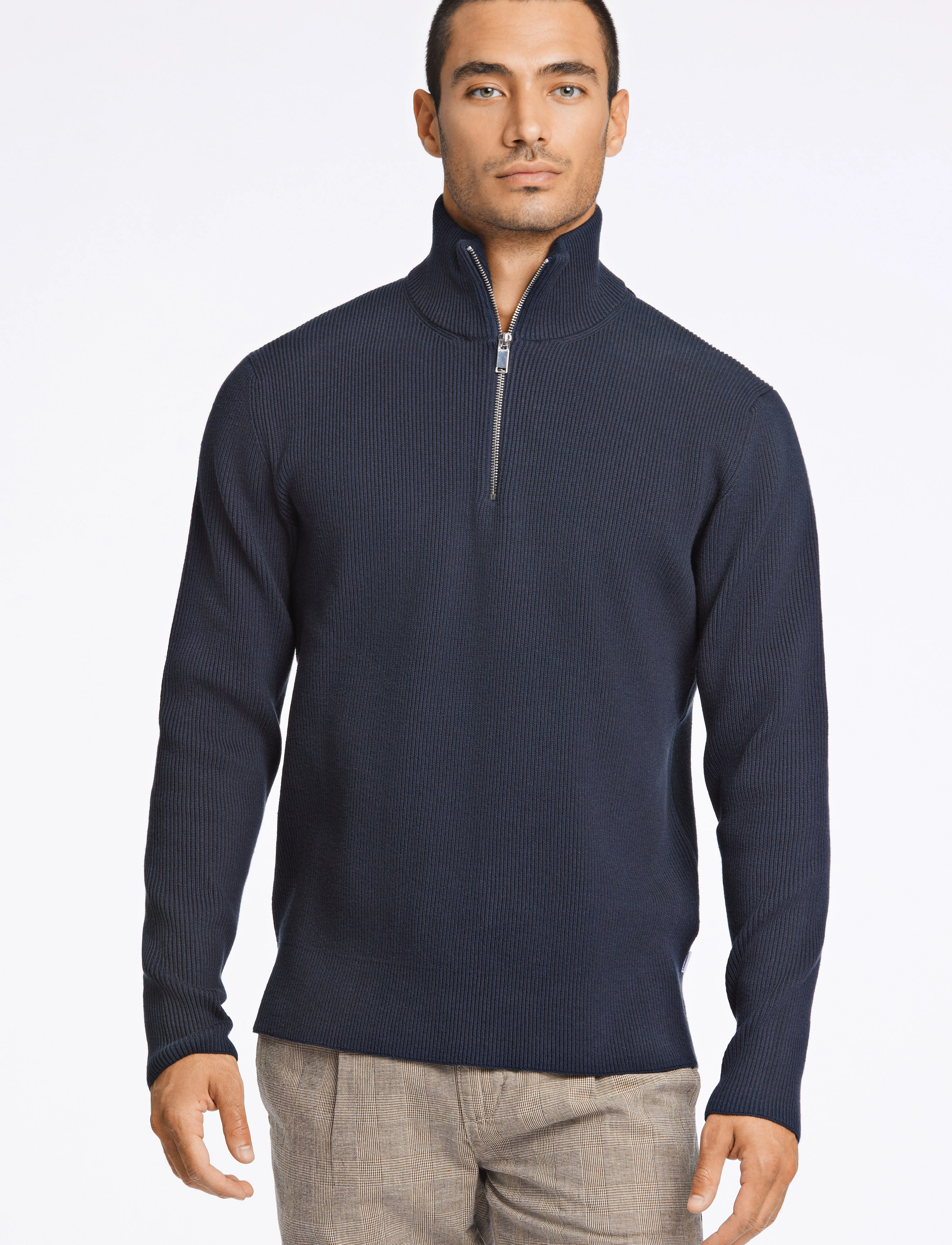 Lindbergh Half Zip Rib Knit, Mænd, Halv Lynlås Ribstrikket Trøje, Navy, Str: S