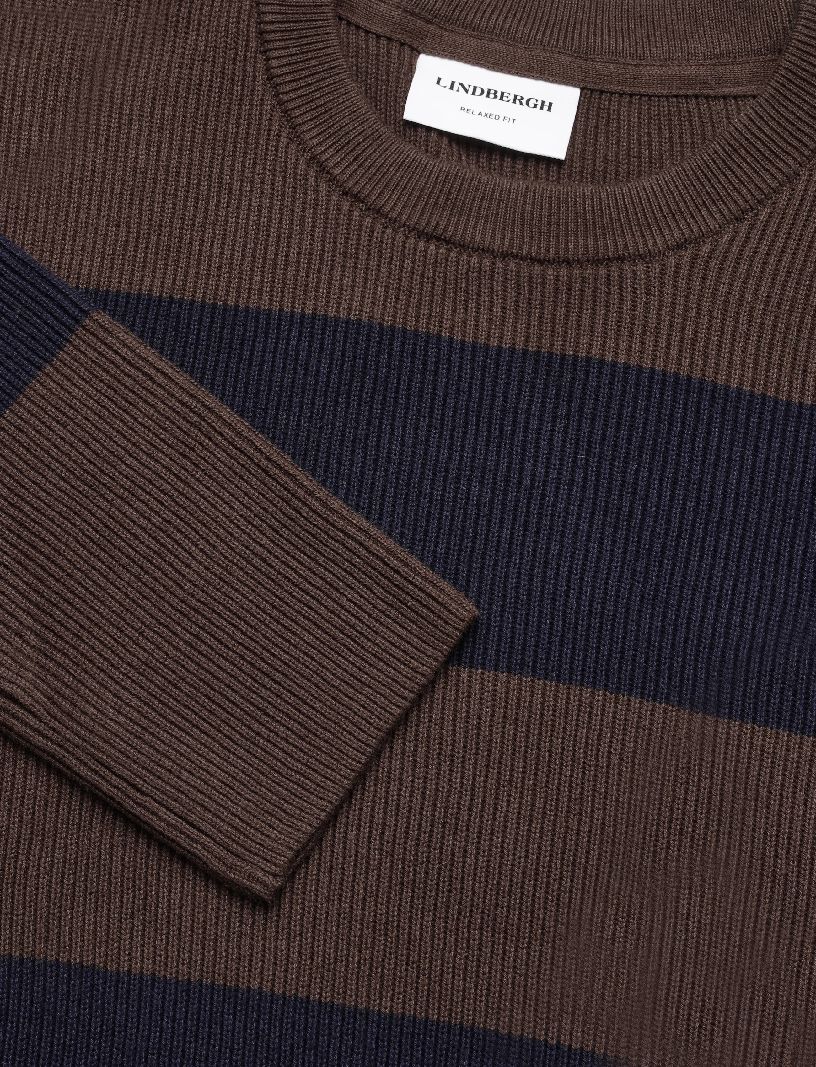Lindbergh - Rib knitted block stripe o-neck kni - round necks - dk brown - 2