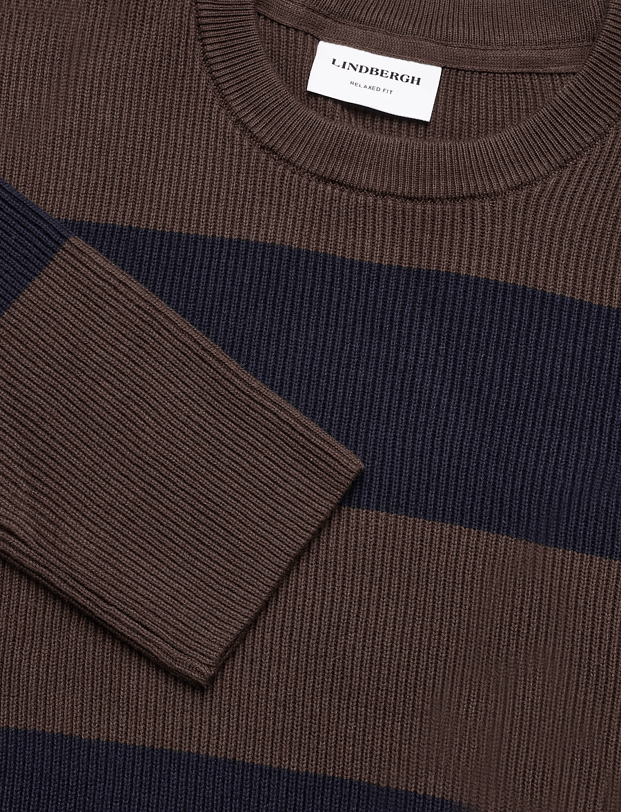 Lindbergh - Rib knitted block stripe o-neck kni - round necks - dk brown - 2