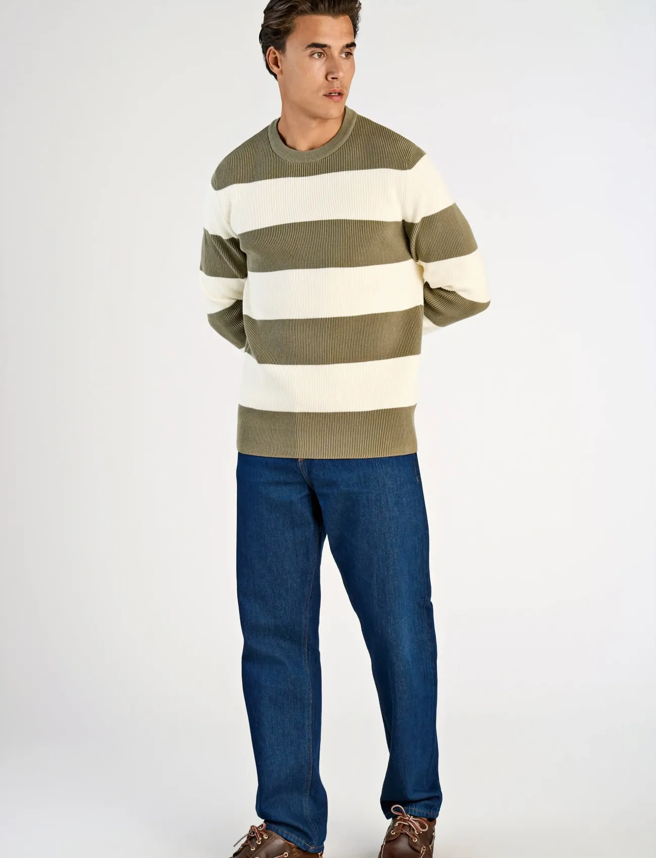 Lindbergh Rib knitted block stripe o-neck kni - Looks for less - DUSTY ARMY / cream