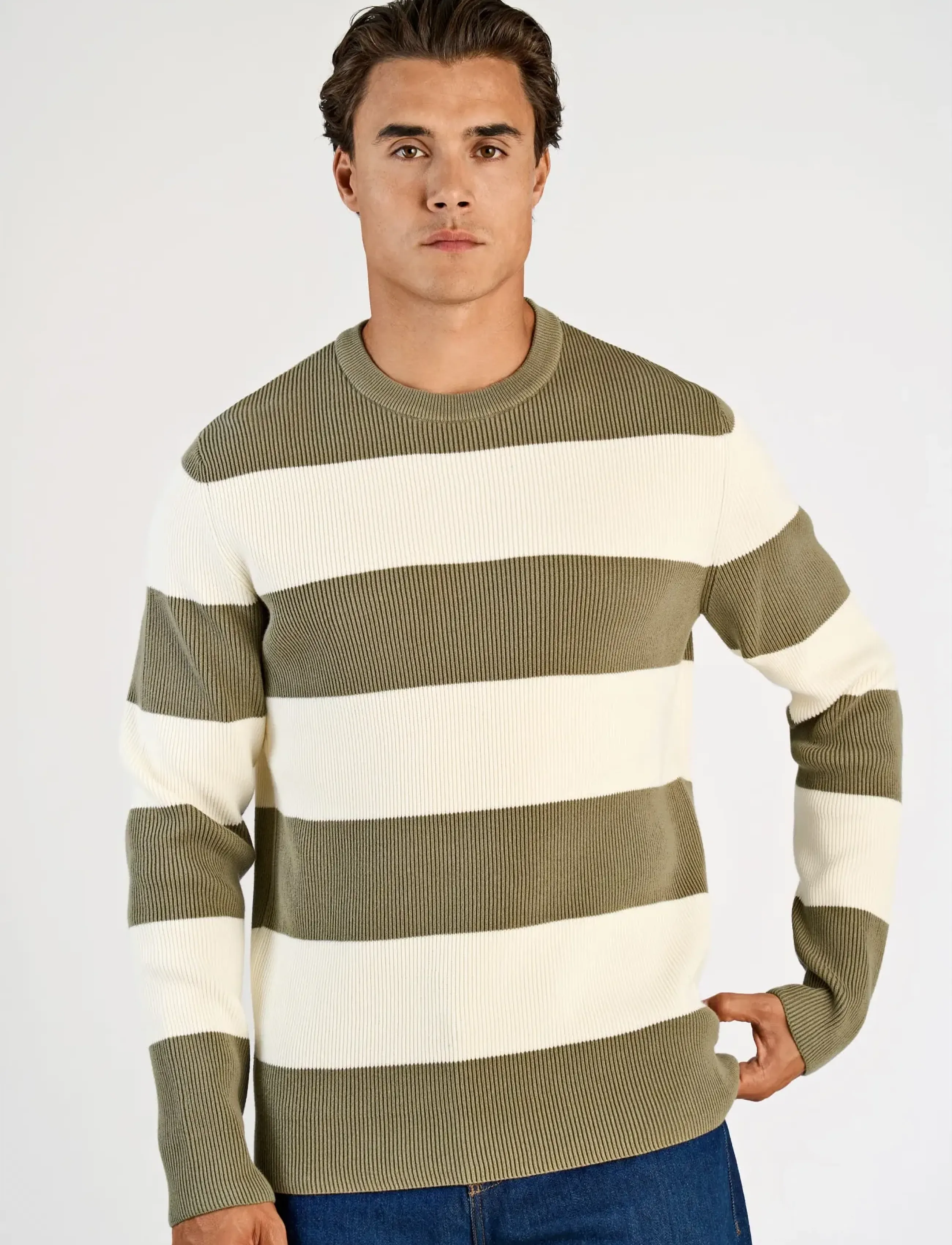 Lindbergh - Rib knitted block stripe o-neck kni - rund hals - dusty army - 3