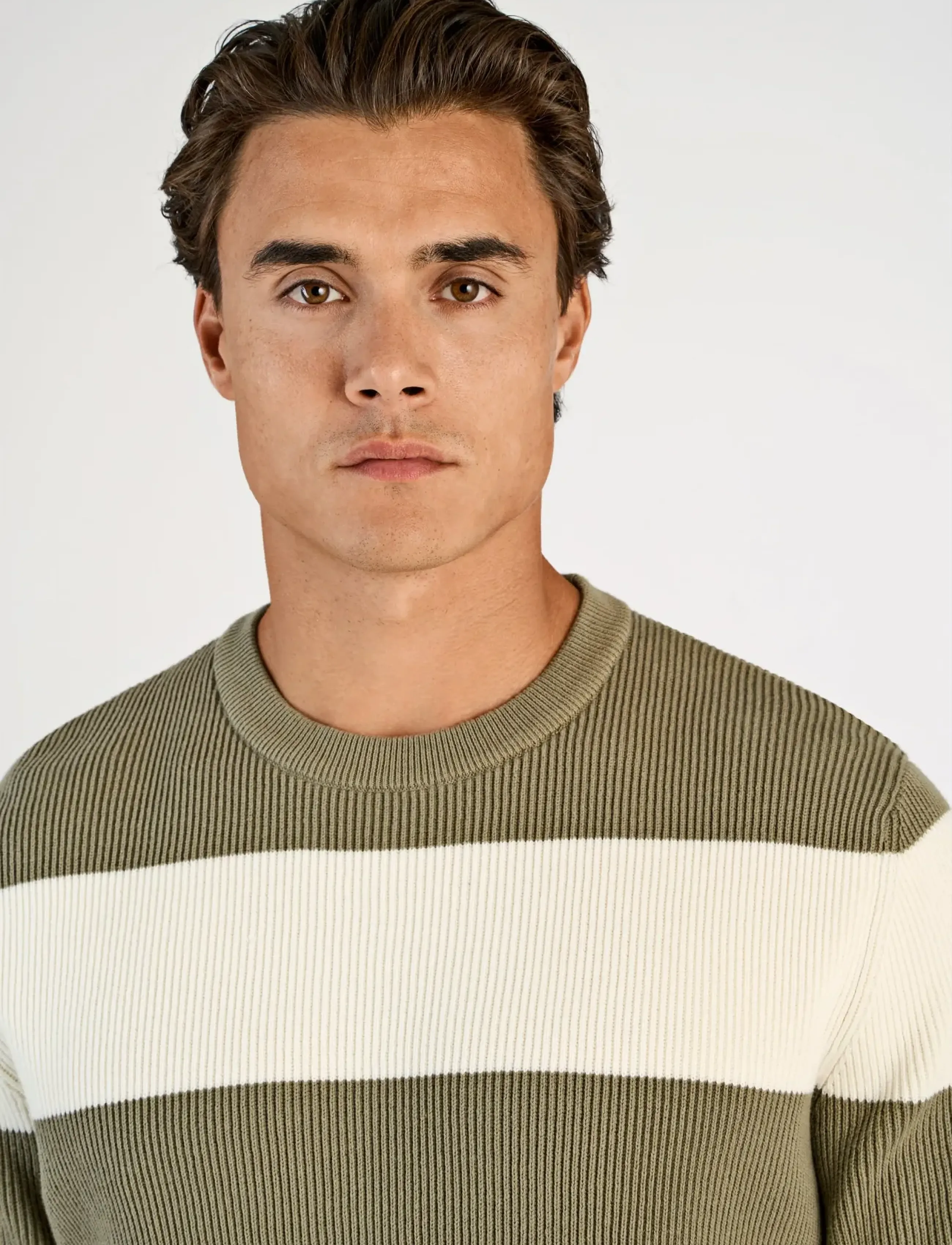 Lindbergh - Rib knitted block stripe o-neck kni - rund hals - dusty army - 5