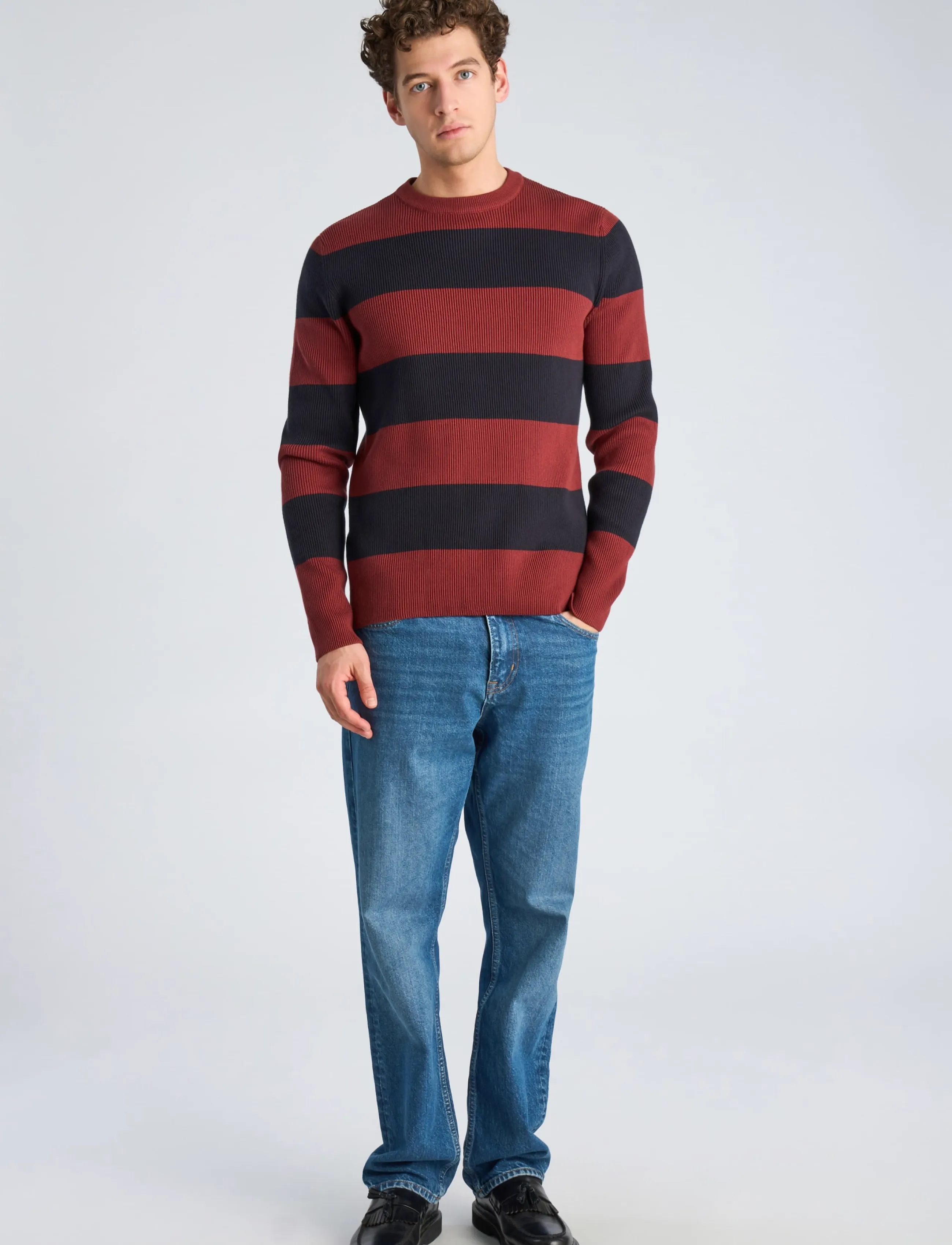 Rib Knitted Block Stripe O-Neck Kni