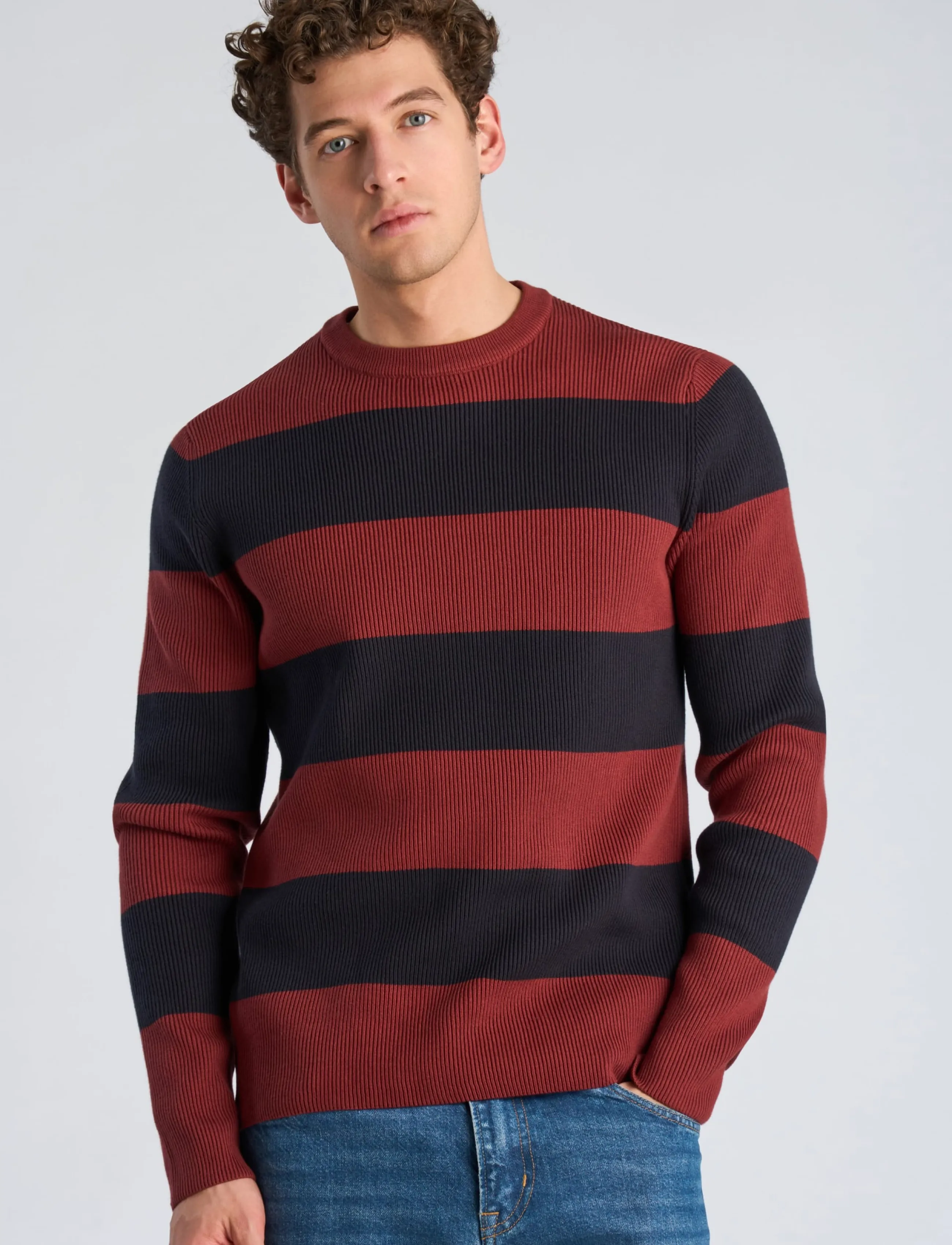 Lindbergh - Rib knitted block stripe o-neck kni - rund hals - lt burgundy - 3