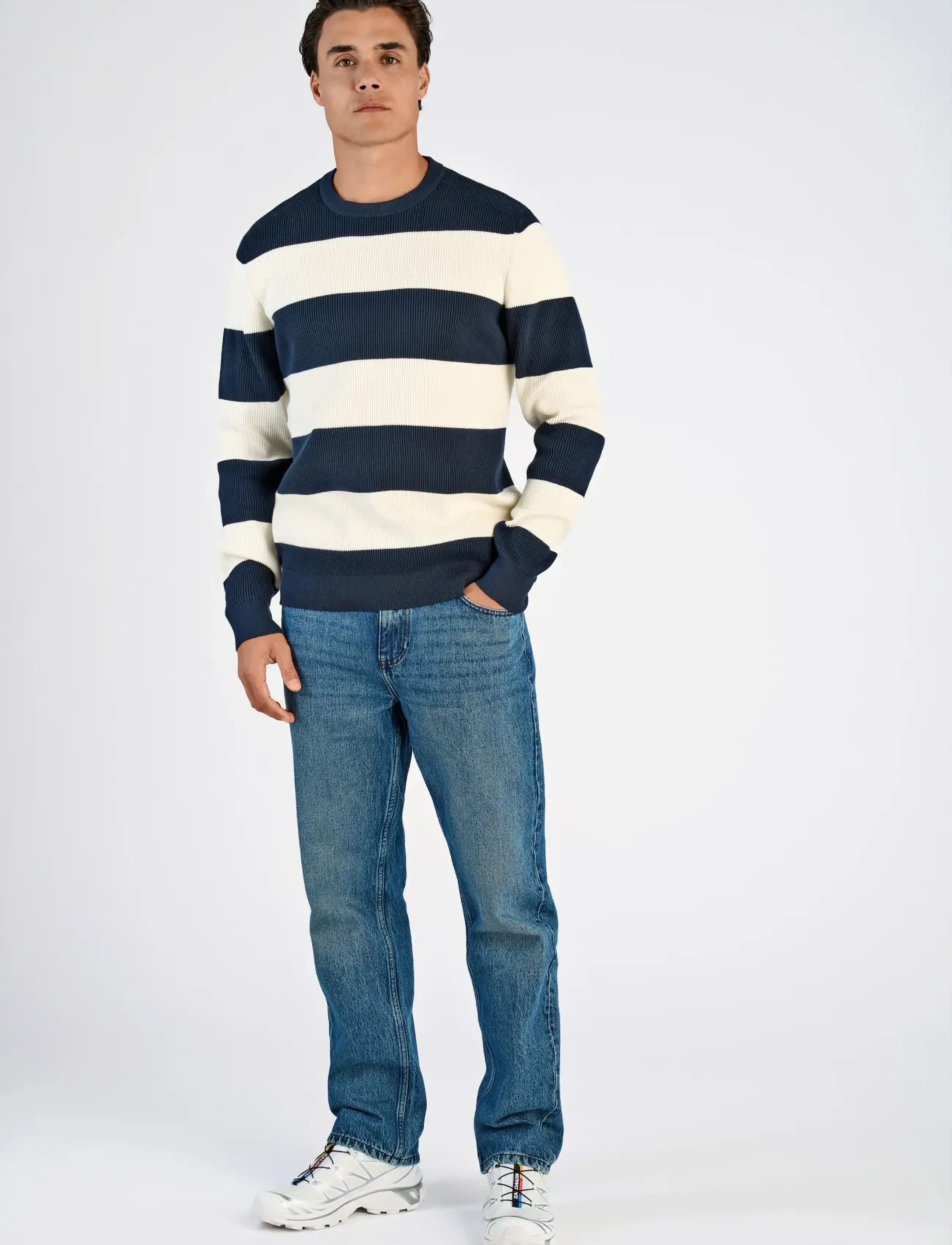 Lindbergh Rib Knitted Block Stripe O-Neck Kni, L, Knitwear, Schwarz - Round Necks, Männerswear