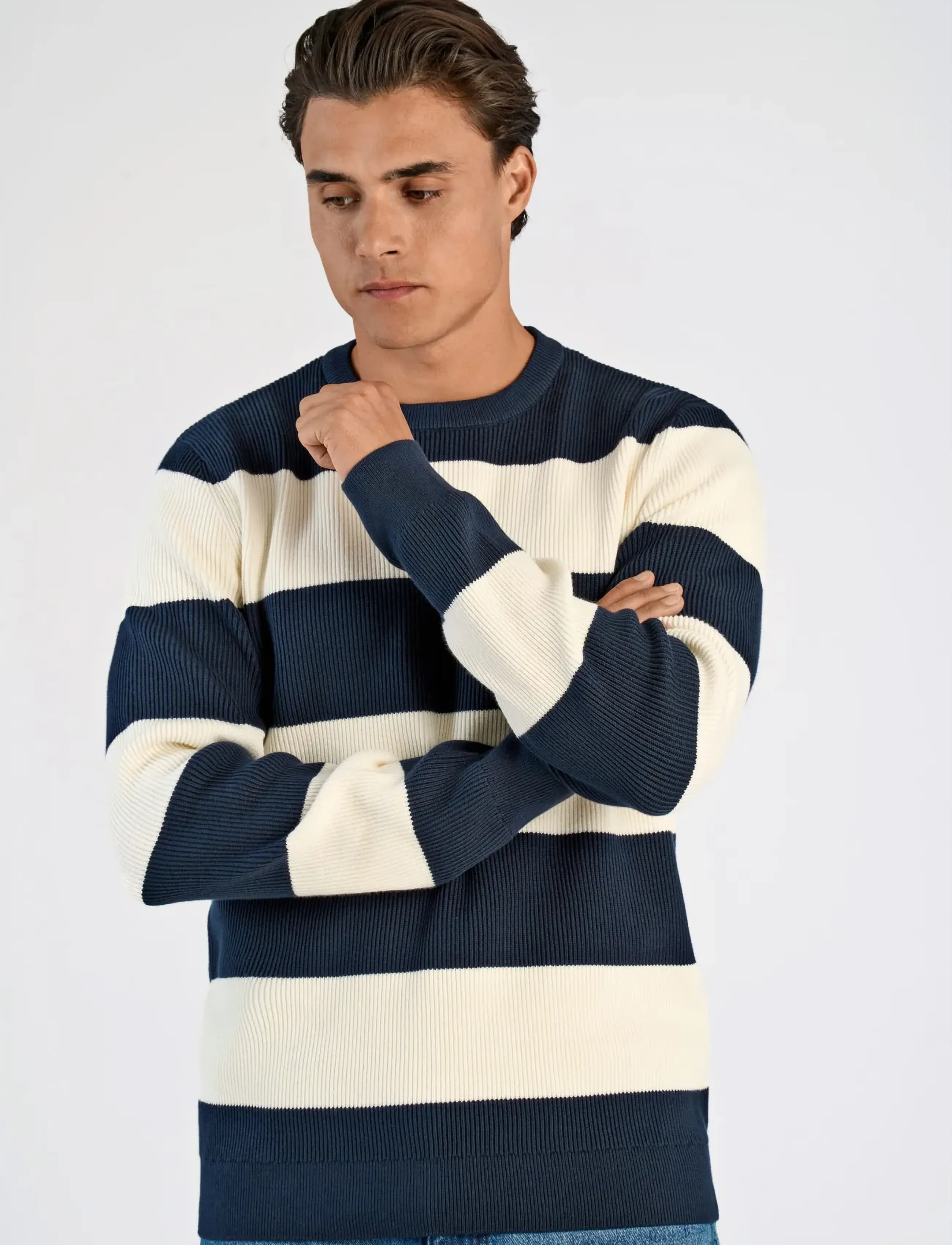 Lindbergh - Rib knitted block stripe o-neck kni - rund hals - navy - 3