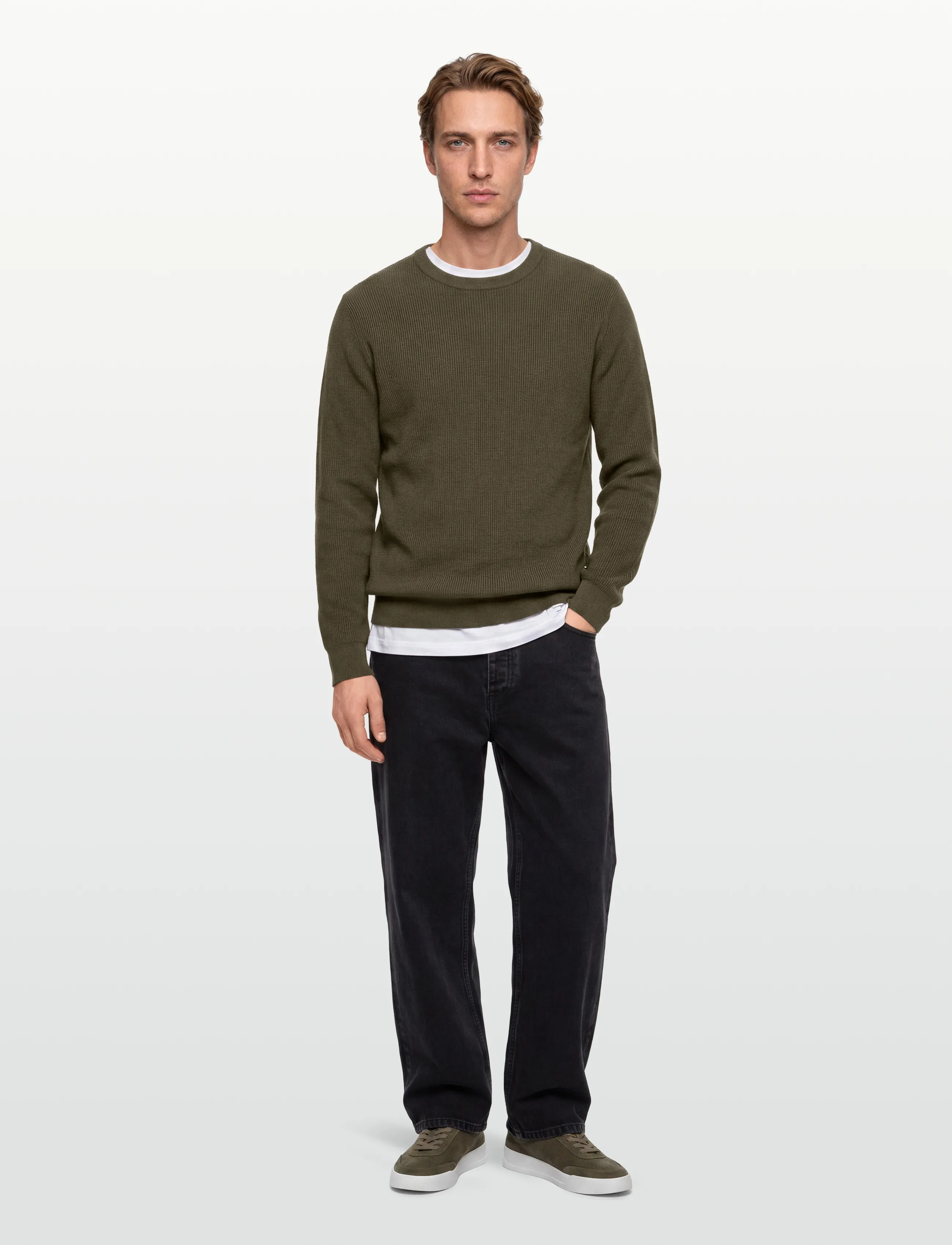 Lindbergh - Rib knitted o-neck knit - trøjer - army - 0