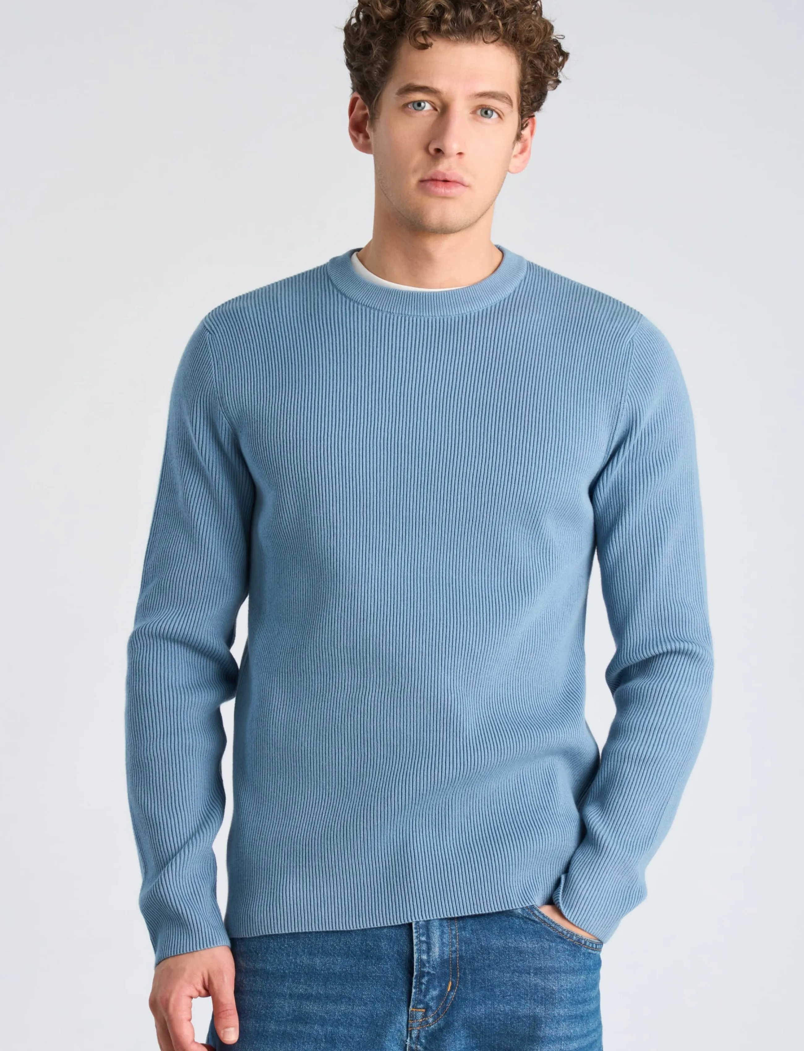 Lindbergh - Rib knitted o-neck knit - rund hals - mid blue - 3