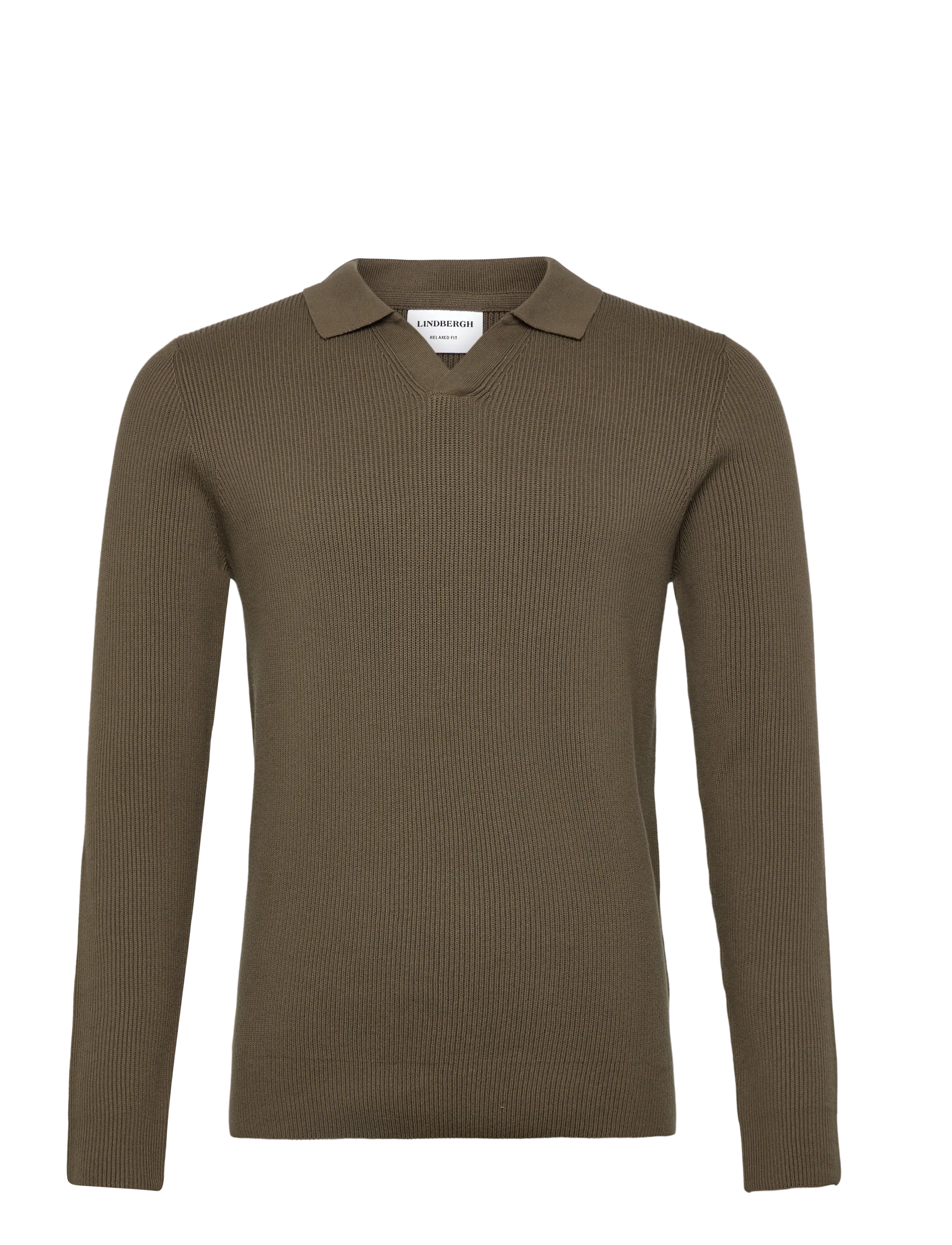 Lindbergh Rib knitted L/S v-neck polo - Gestrickte Polohemden - ARMY / khaki/green