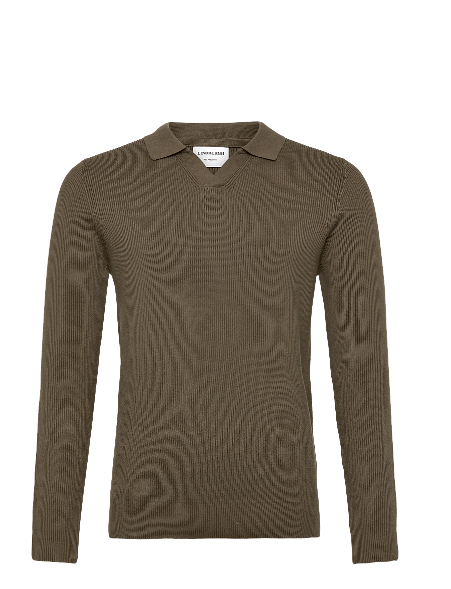 Lindbergh - Rib knitted L/S v-neck polo - polos en tricot à manches longues - army - 0