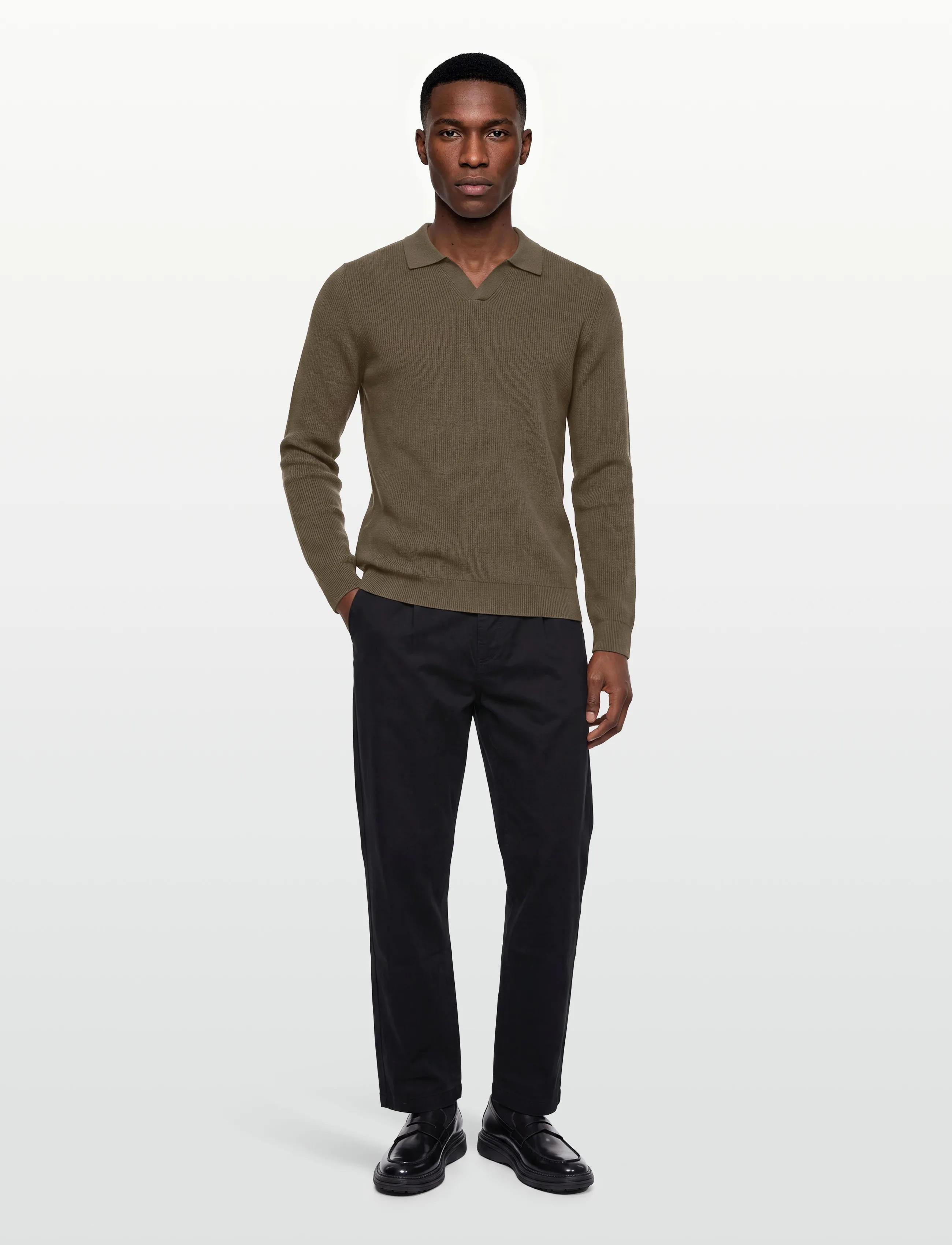 Lindbergh Rib Knitted L/S V-Neck Polo, S, Knitwear, Khakigrün - Long Sleeve Polos, Männerswear