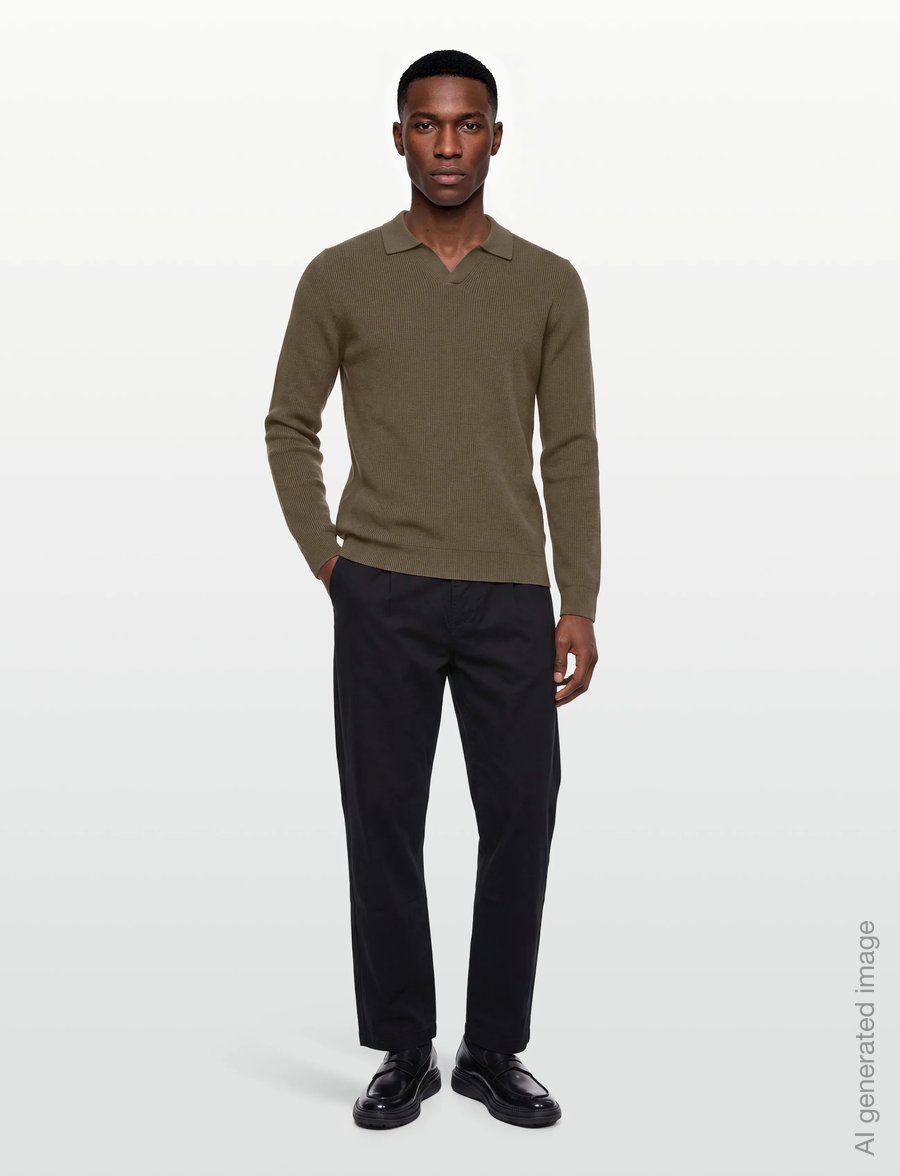 Lindbergh - Rib knitted L/S v-neck polo - long-sleeved knitted polos - army - 0