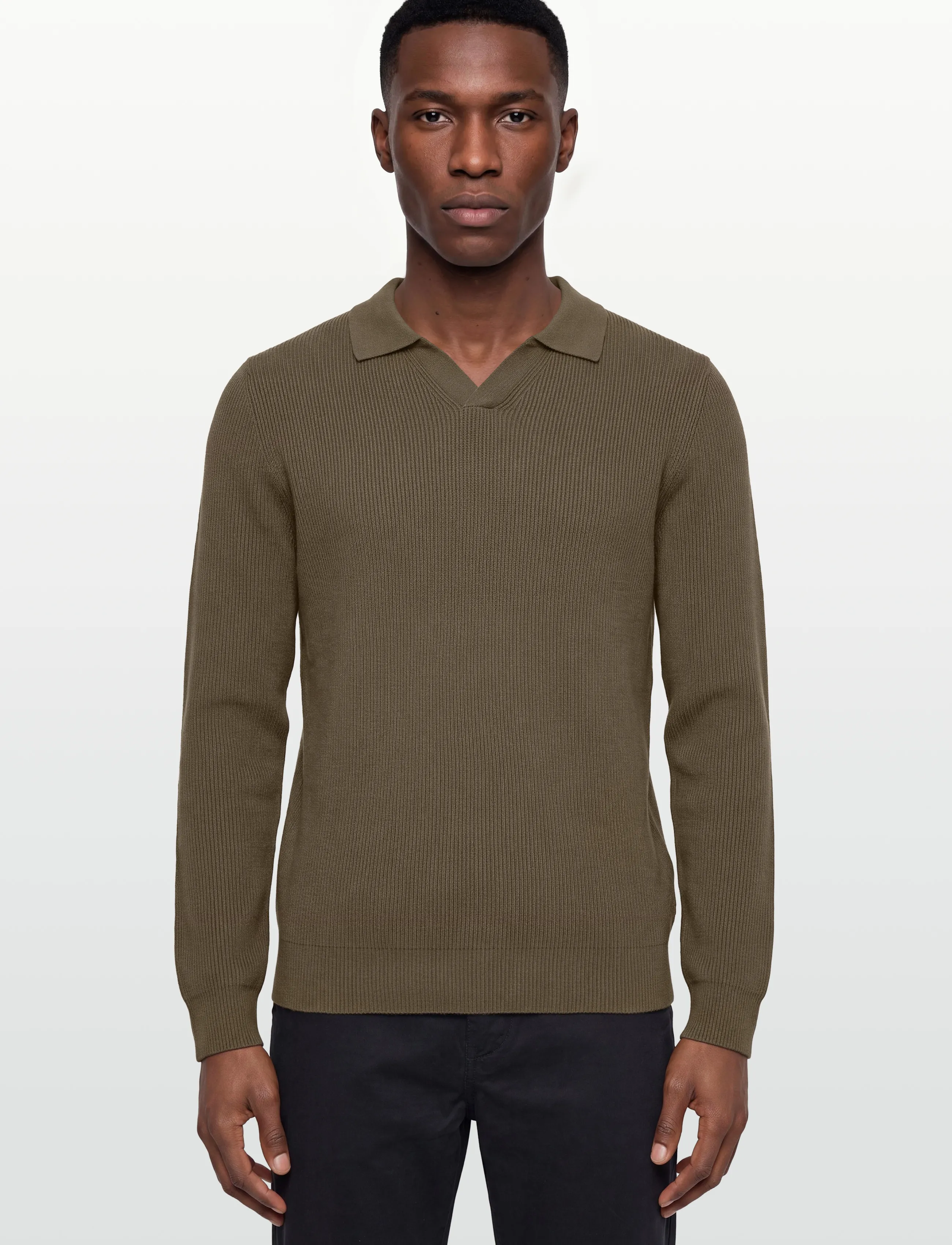 Lindbergh - Rib knitted L/S v-neck polo - adīti polo krekli ar garām piedurknēm - army - 3