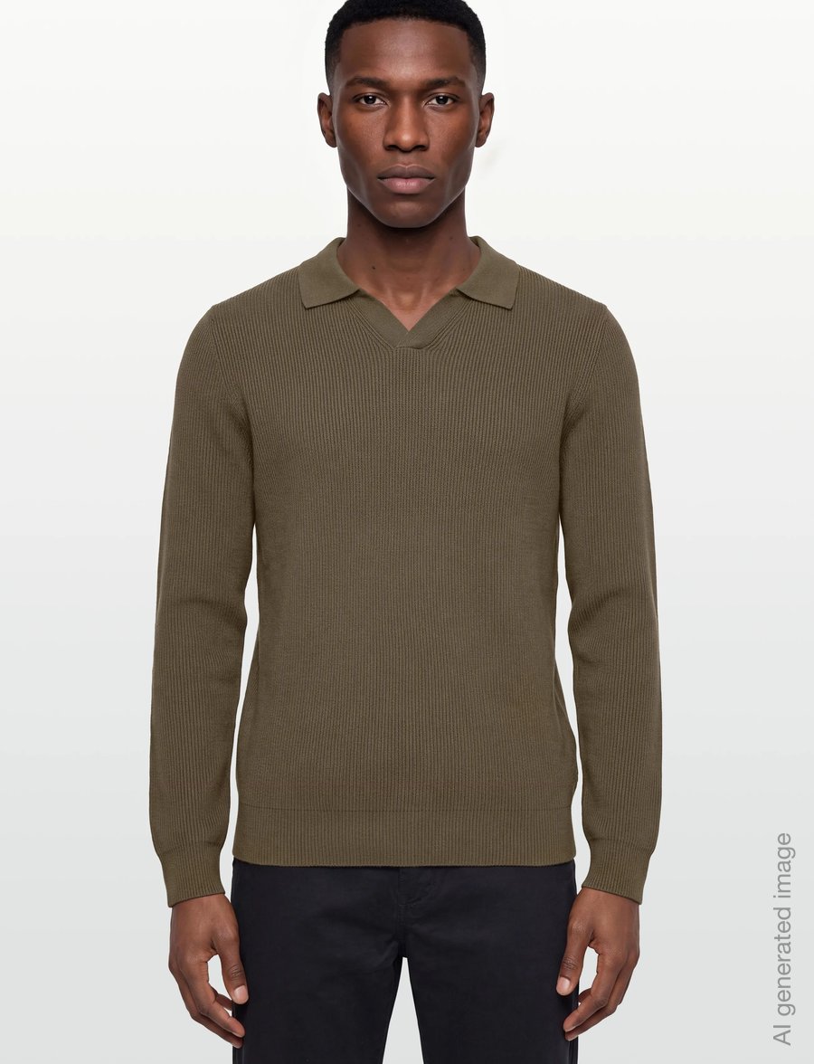 Lindbergh - Rib knitted L/S v-neck polo - long-sleeved knitted polos - army - 3