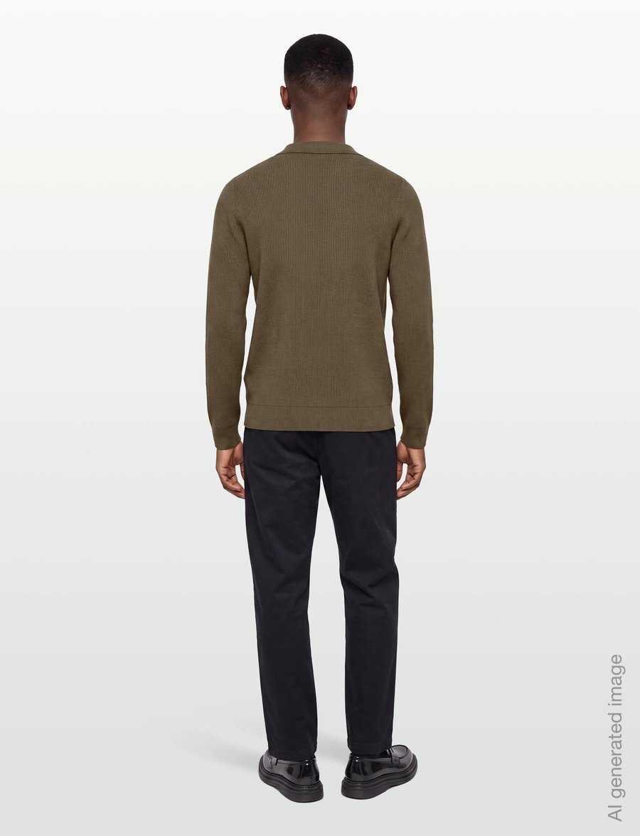 Lindbergh - Rib knitted L/S v-neck polo - long-sleeved knitted polos - army - 4