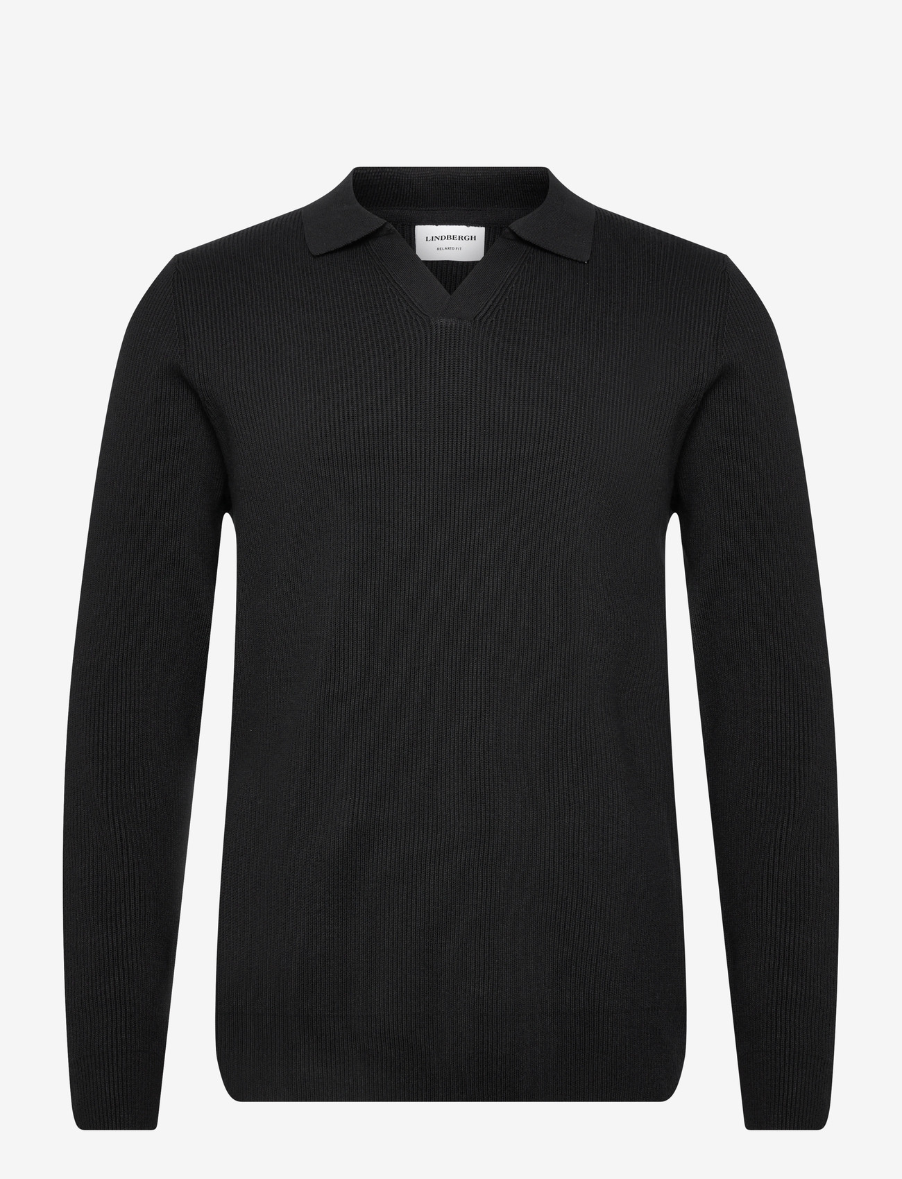 Lindbergh - Rib knitted L/S v-neck polo - gestrickte polohemden - black - 0