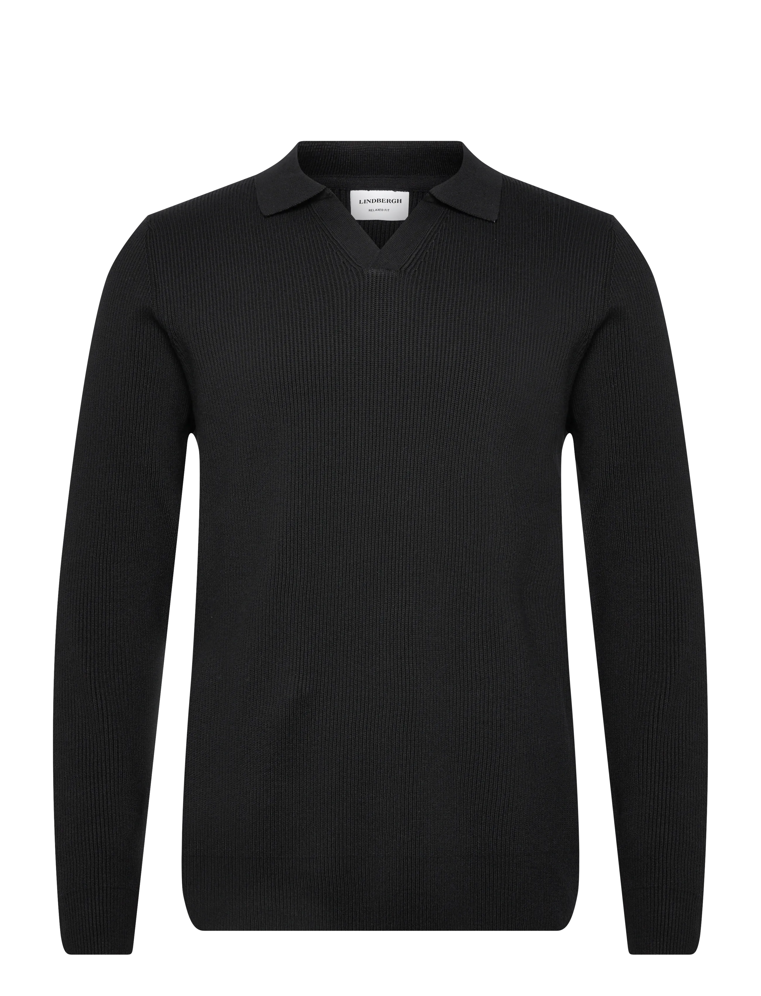 Rib knitted L/S v-neck polo - BLACK