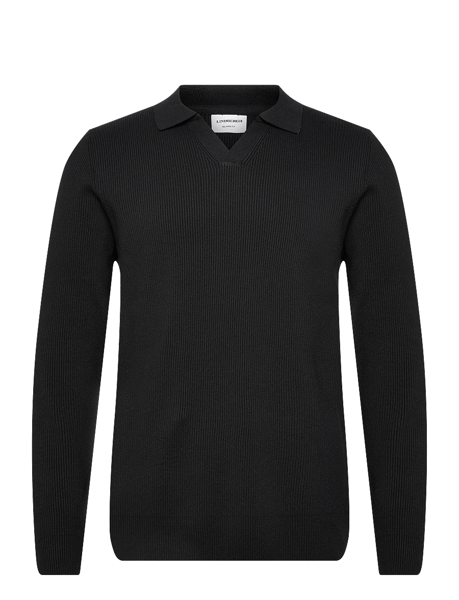 Lindbergh - Rib knitted L/S v-neck polo - langärmelige strick-polohemden - black - 1
