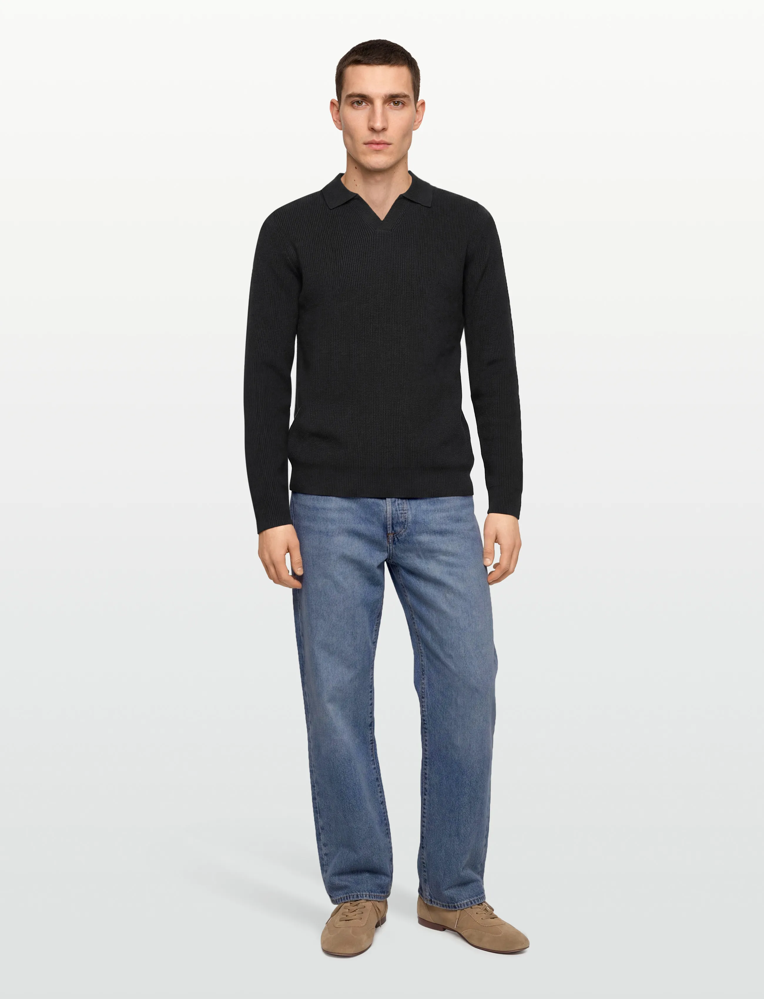 Rib Knitted L/S V-Neck Polo