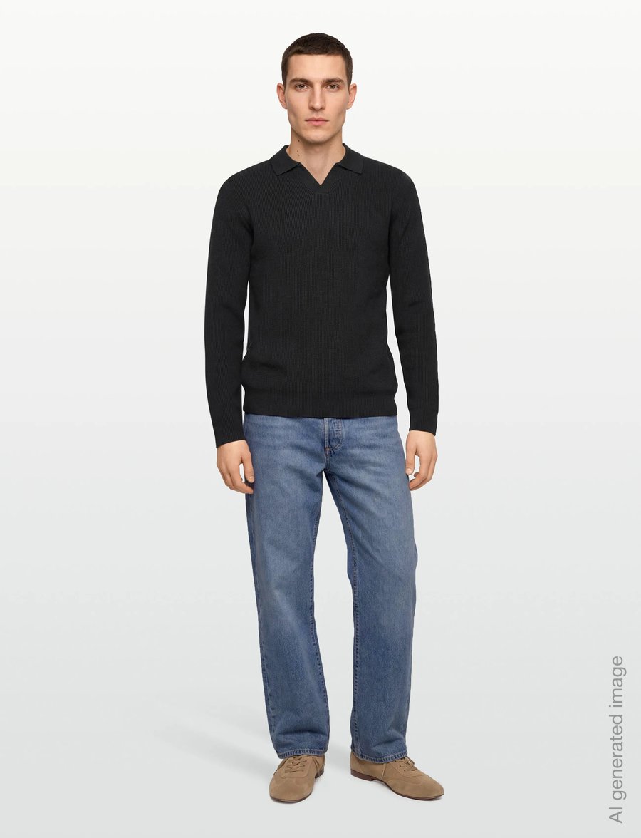 Lindbergh - Rib knitted L/S v-neck polo - langärmelige strick-polohemden - black - 0