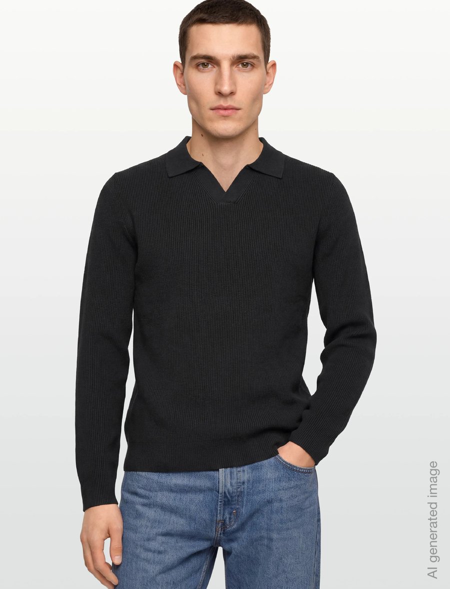 Lindbergh - Rib knitted L/S v-neck polo - langärmelige strick-polohemden - black - 3