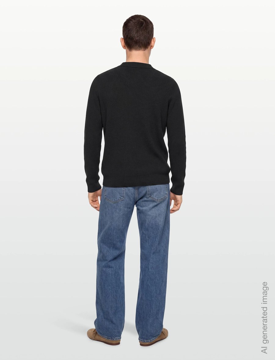 Lindbergh - Rib knitted L/S v-neck polo - langärmelige strick-polohemden - black - 4